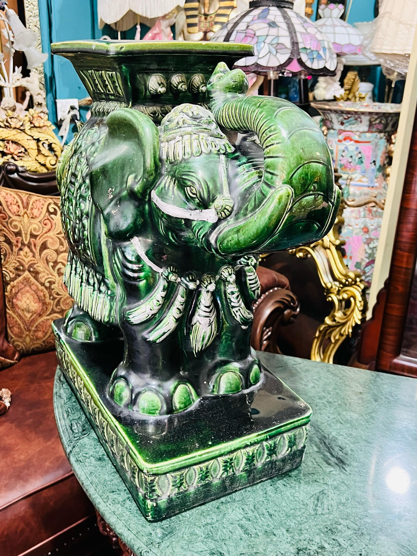 💚🐘💚Elefantes Cerámicos Vintage - Asiento o Mesa Auxiliar en Estilo Boho Majolica Verde💚🐘💚