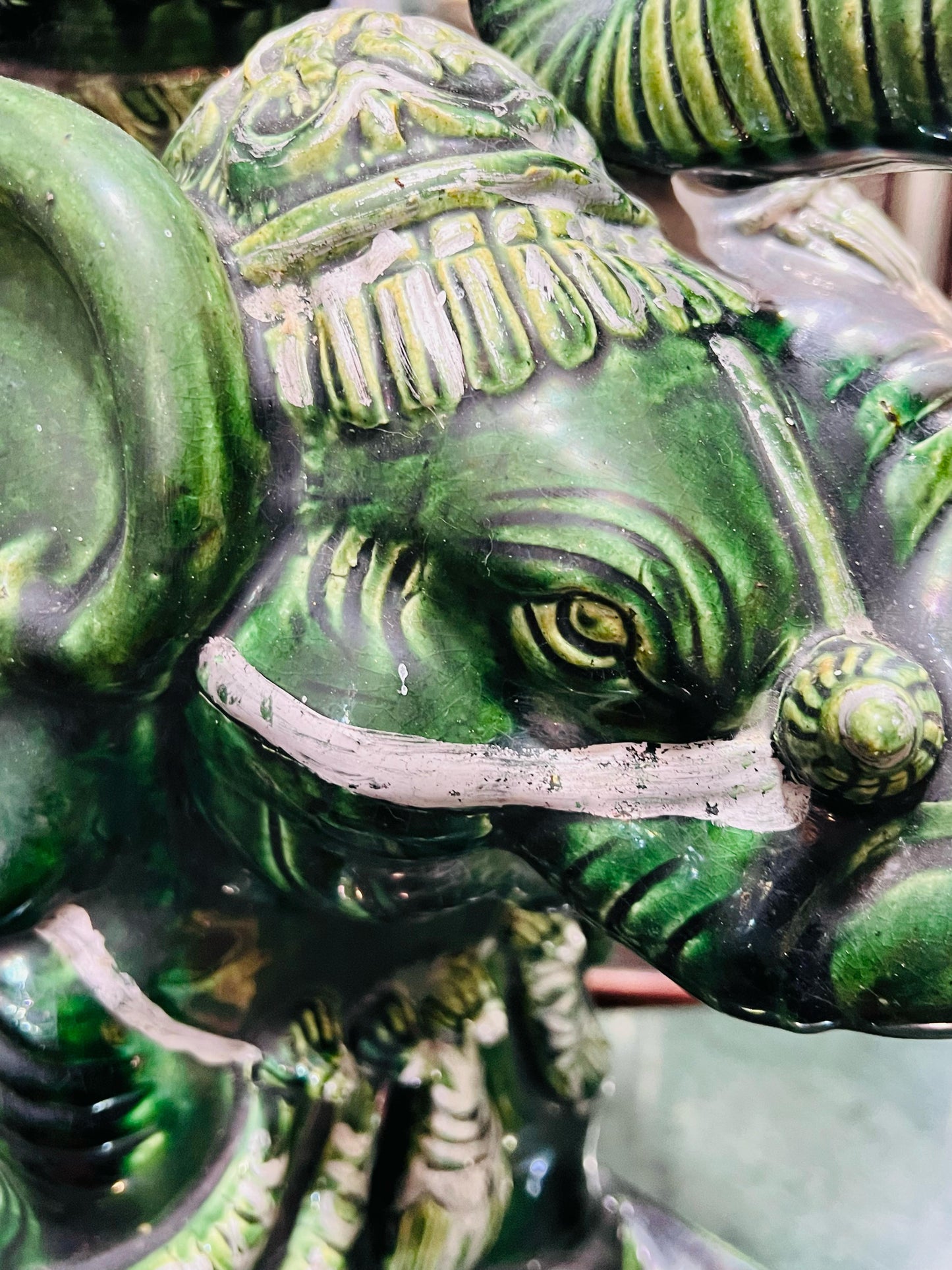 💚🐘💚Elefantes Cerámicos Vintage - Asiento o Mesa Auxiliar en Estilo Boho Majolica Verde💚🐘💚