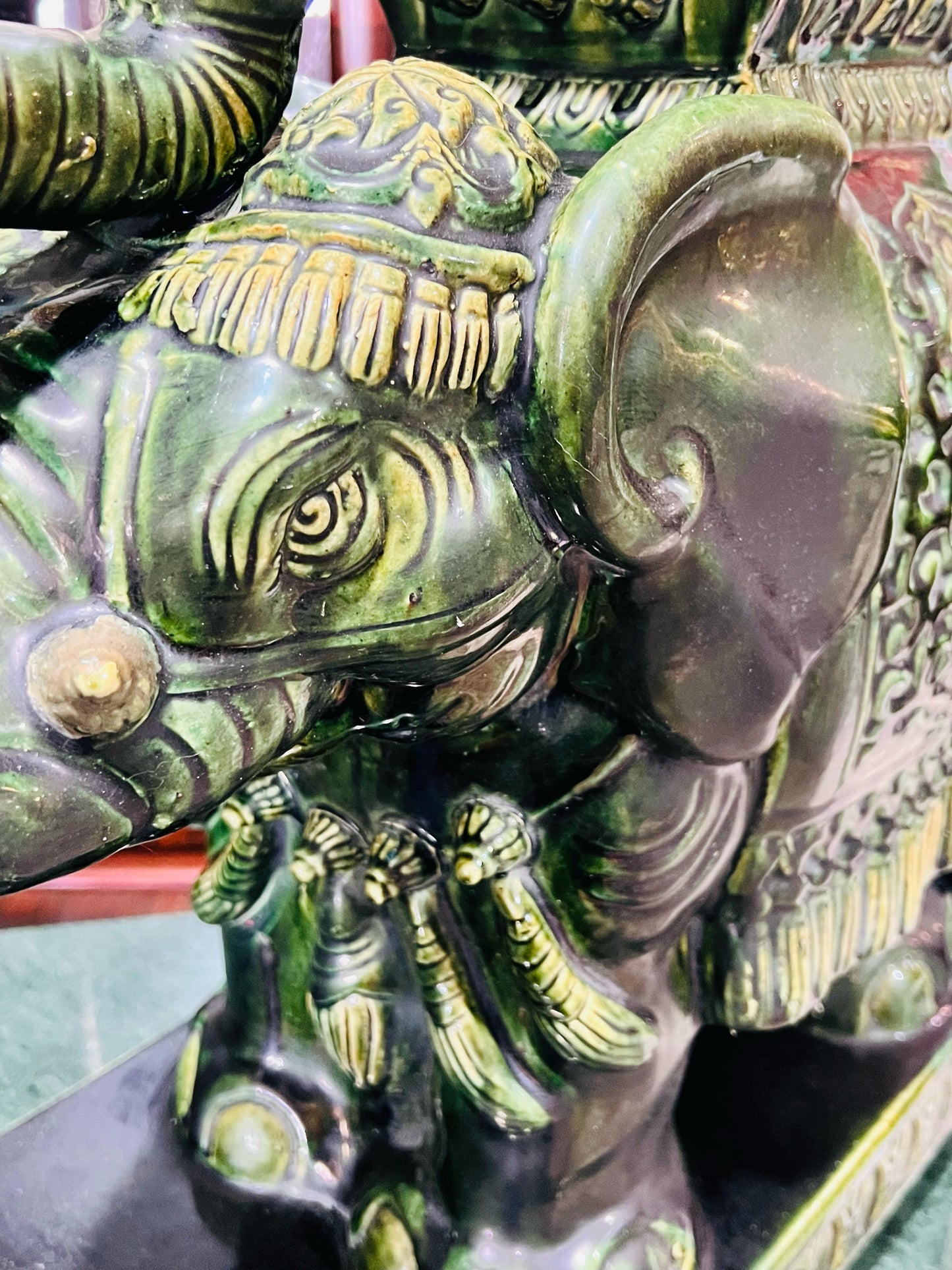 💚🐘💚Elefantes Cerámicos Vintage - Asiento o Mesa Auxiliar en Estilo Boho Majolica Verde💚🐘💚