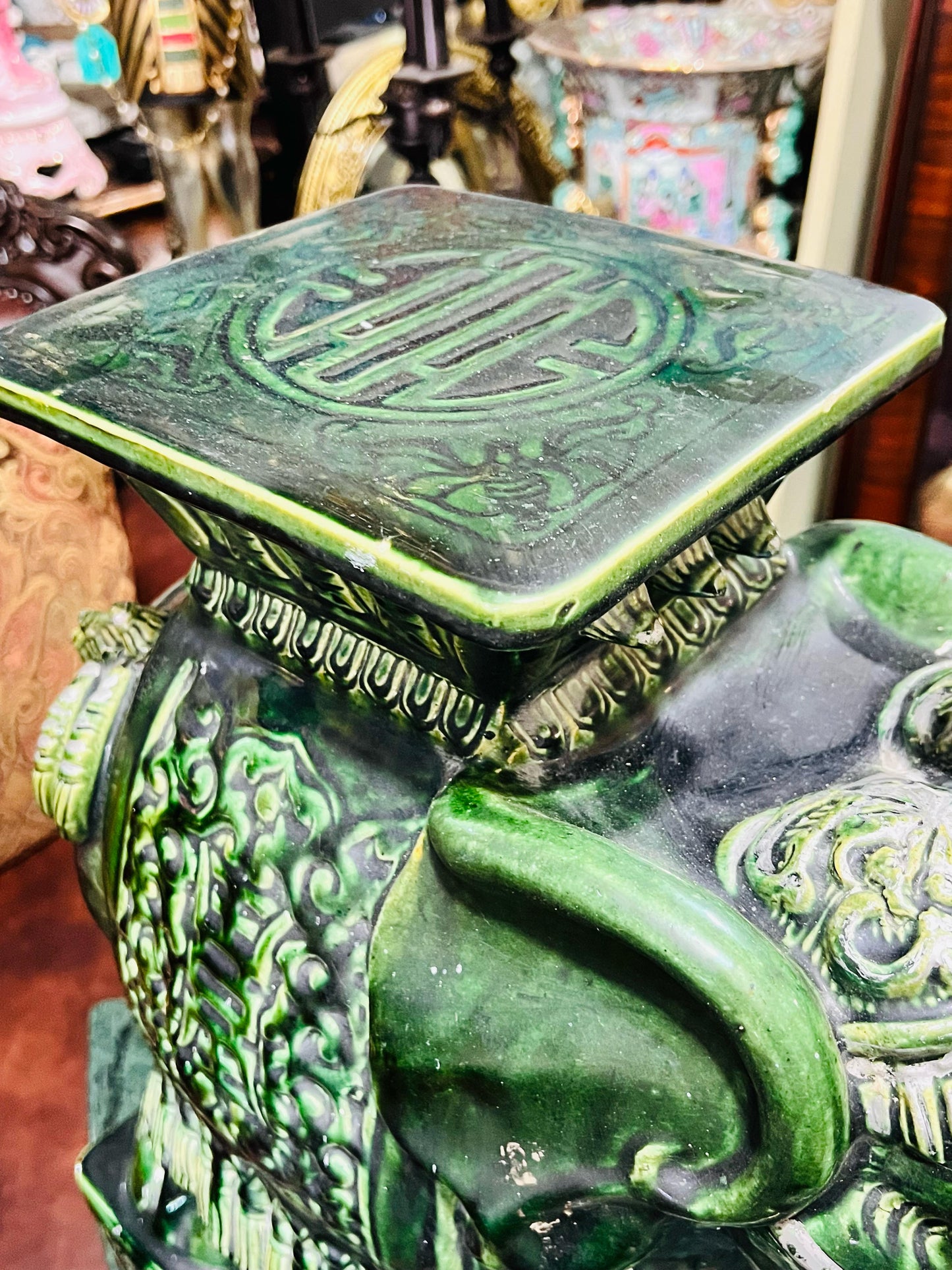 💚🐘💚Elefantes Cerámicos Vintage - Asiento o Mesa Auxiliar en Estilo Boho Majolica Verde💚🐘💚