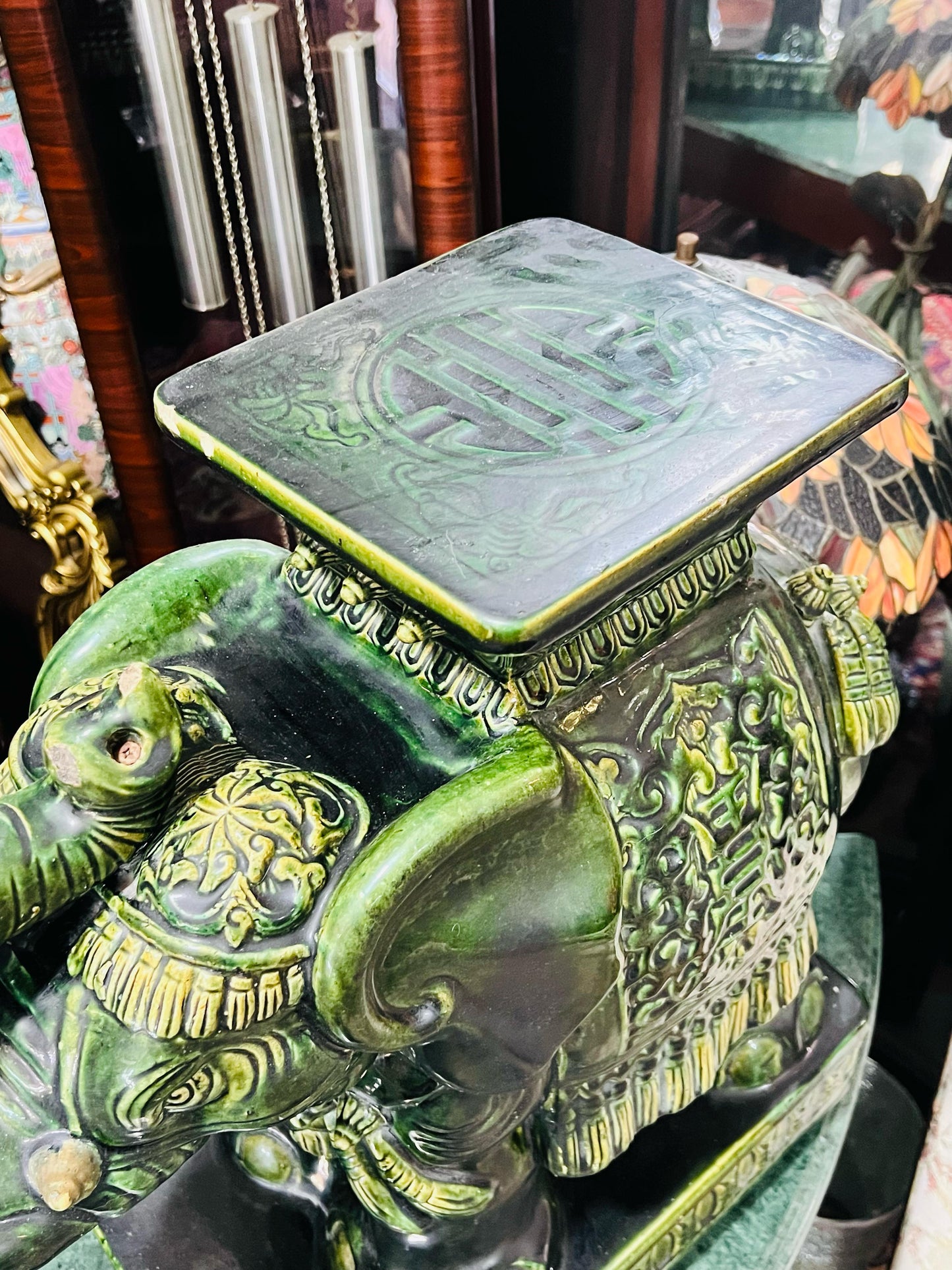 💚🐘💚Elefantes Cerámicos Vintage - Asiento o Mesa Auxiliar en Estilo Boho Majolica Verde💚🐘💚