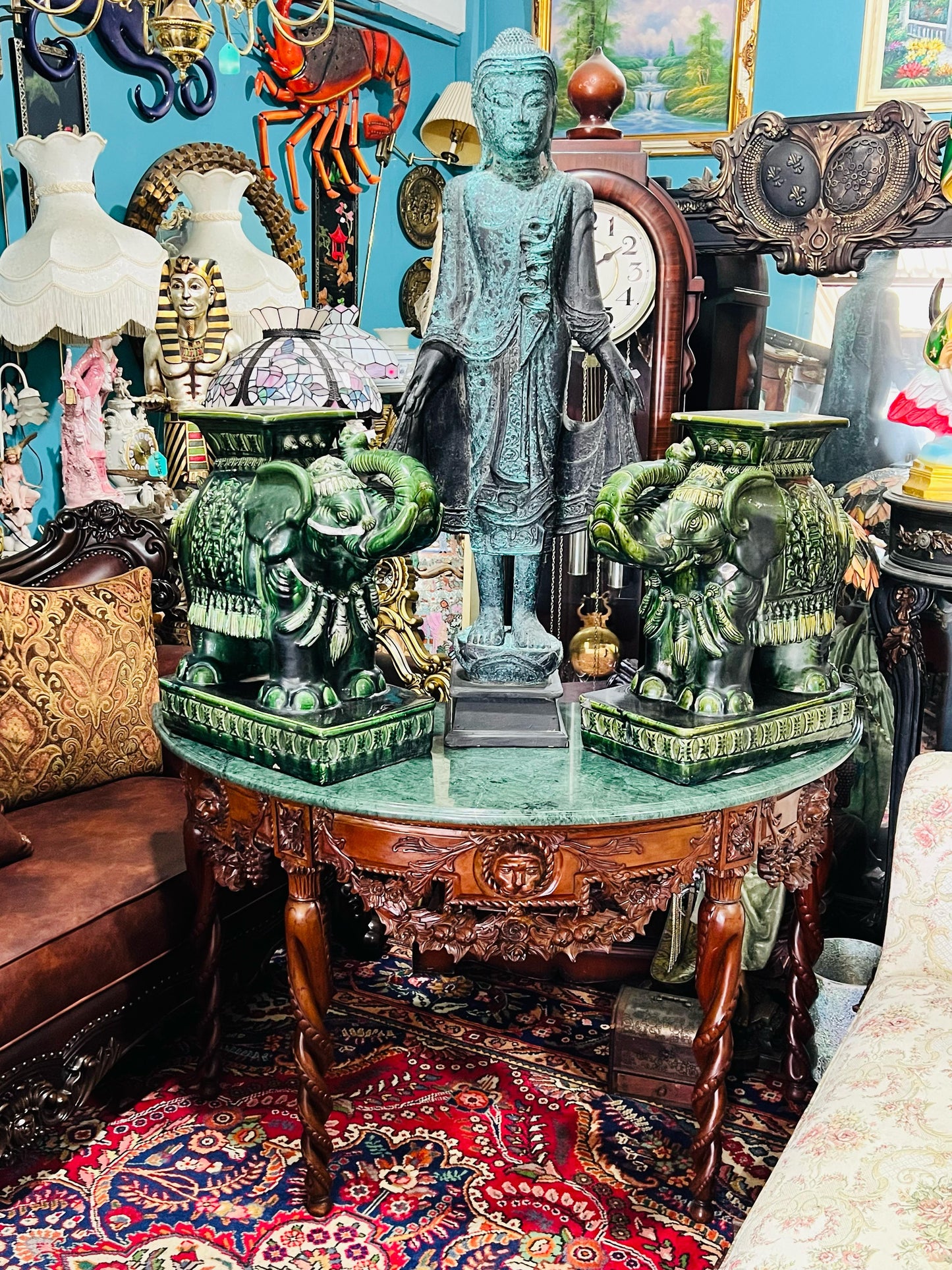 💚🐘💚Elefantes Cerámicos Vintage - Asiento o Mesa Auxiliar en Estilo Boho Majolica Verde💚🐘💚