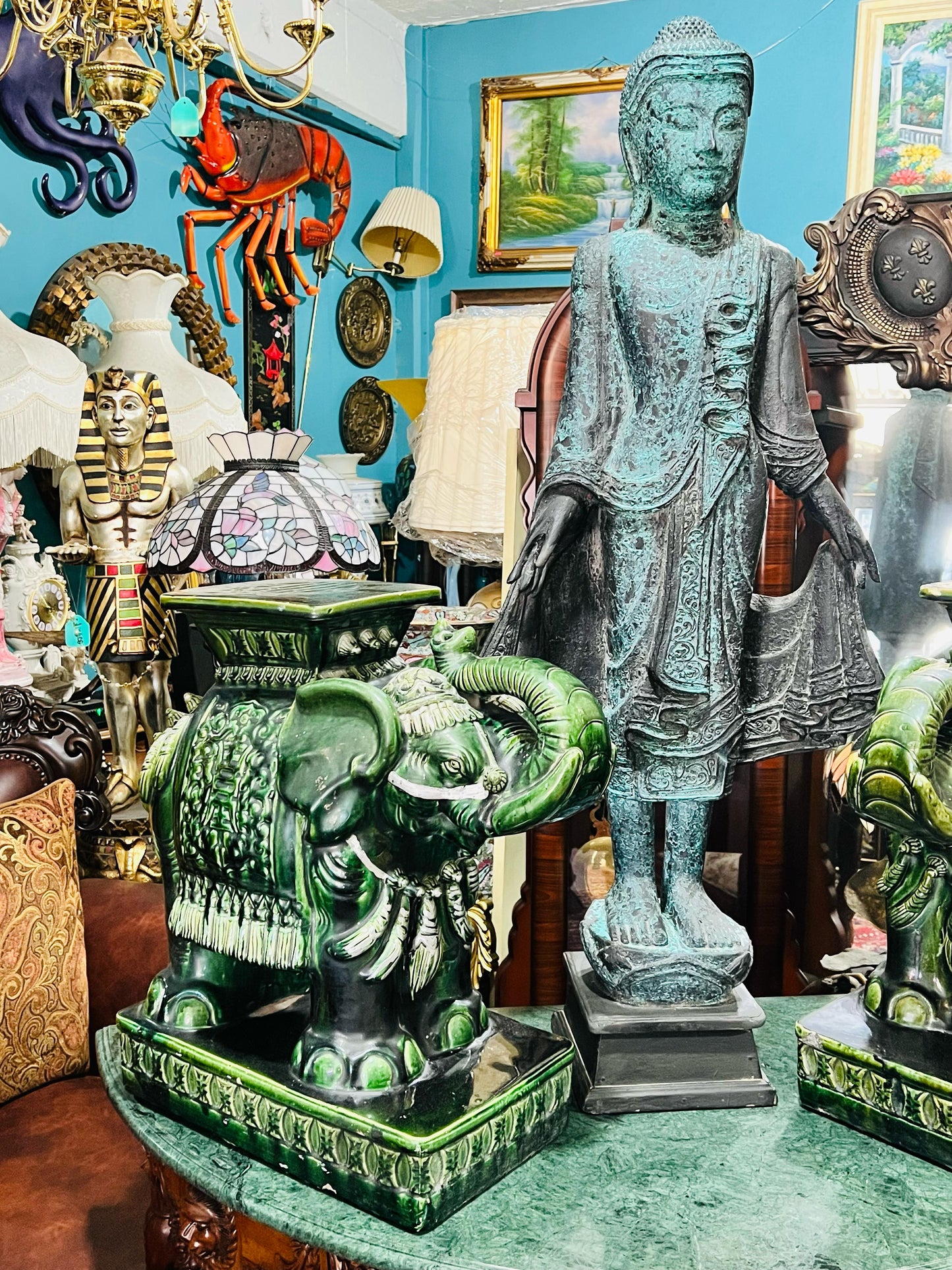 💚🐘💚Elefantes Cerámicos Vintage - Asiento o Mesa Auxiliar en Estilo Boho Majolica Verde💚🐘💚