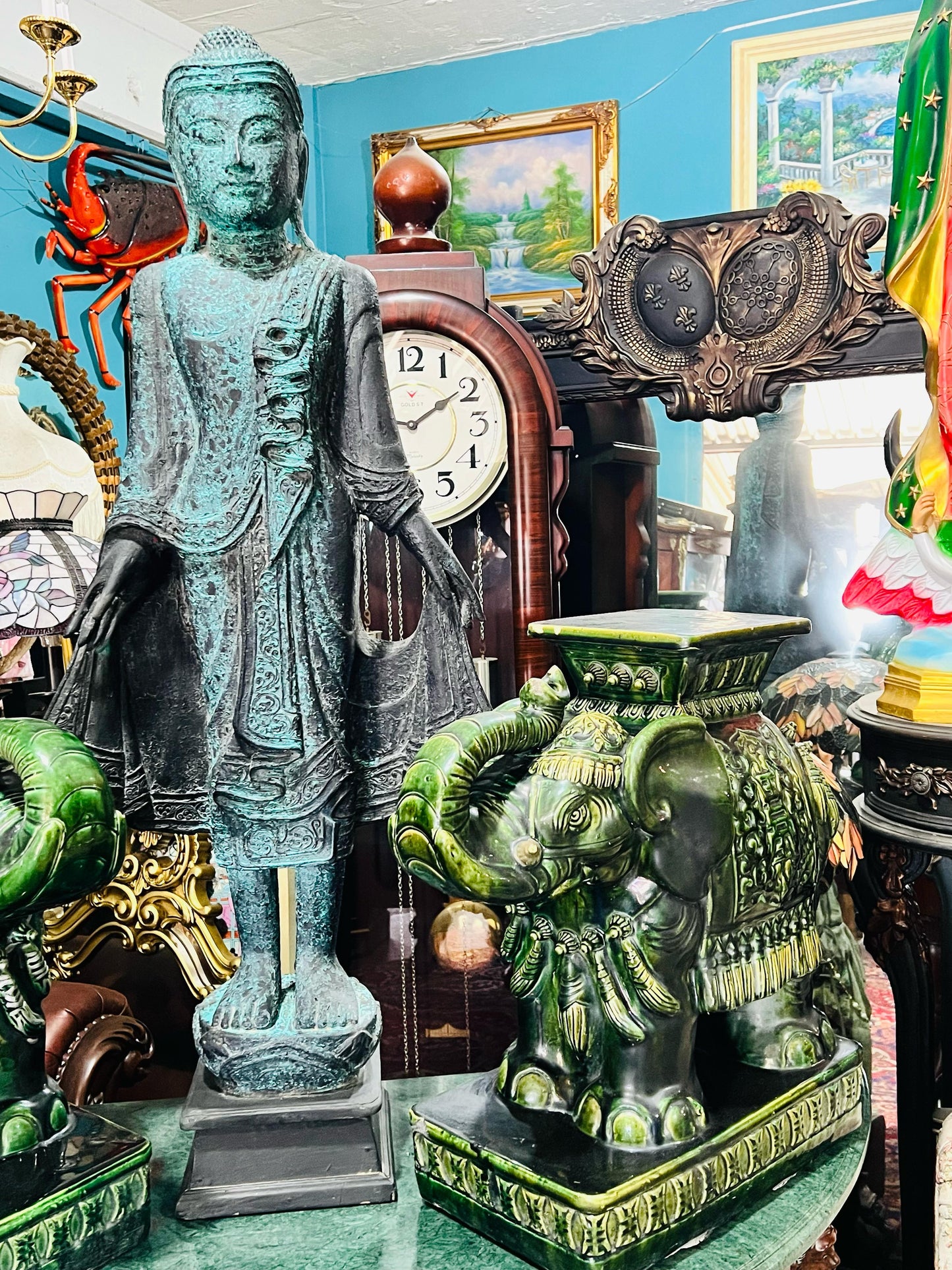 💚🐘💚Elefantes Cerámicos Vintage - Asiento o Mesa Auxiliar en Estilo Boho Majolica Verde💚🐘💚
