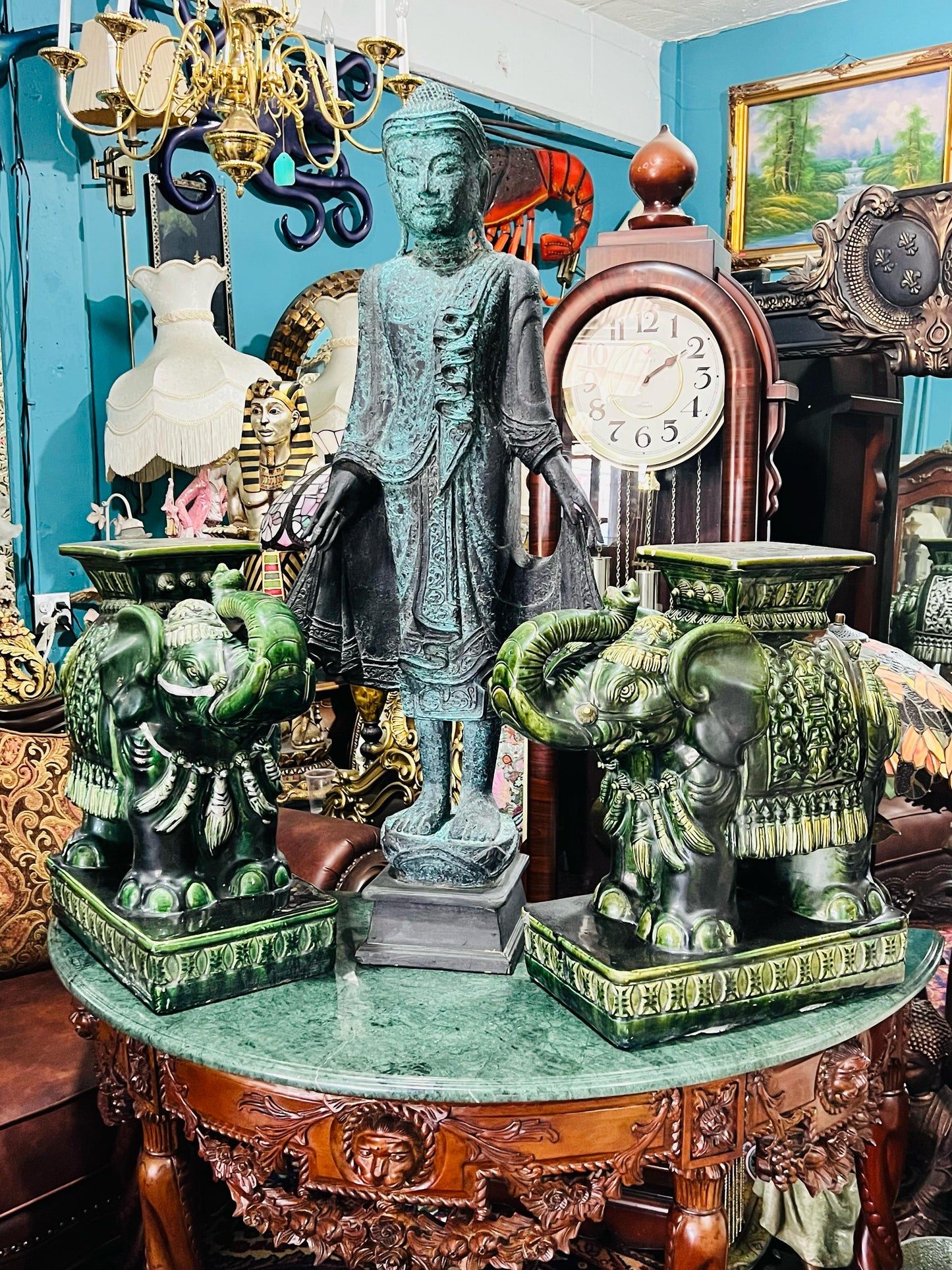 💚🐘💚Elefantes Cerámicos Vintage - Asiento o Mesa Auxiliar en Estilo Boho Majolica Verde💚🐘💚