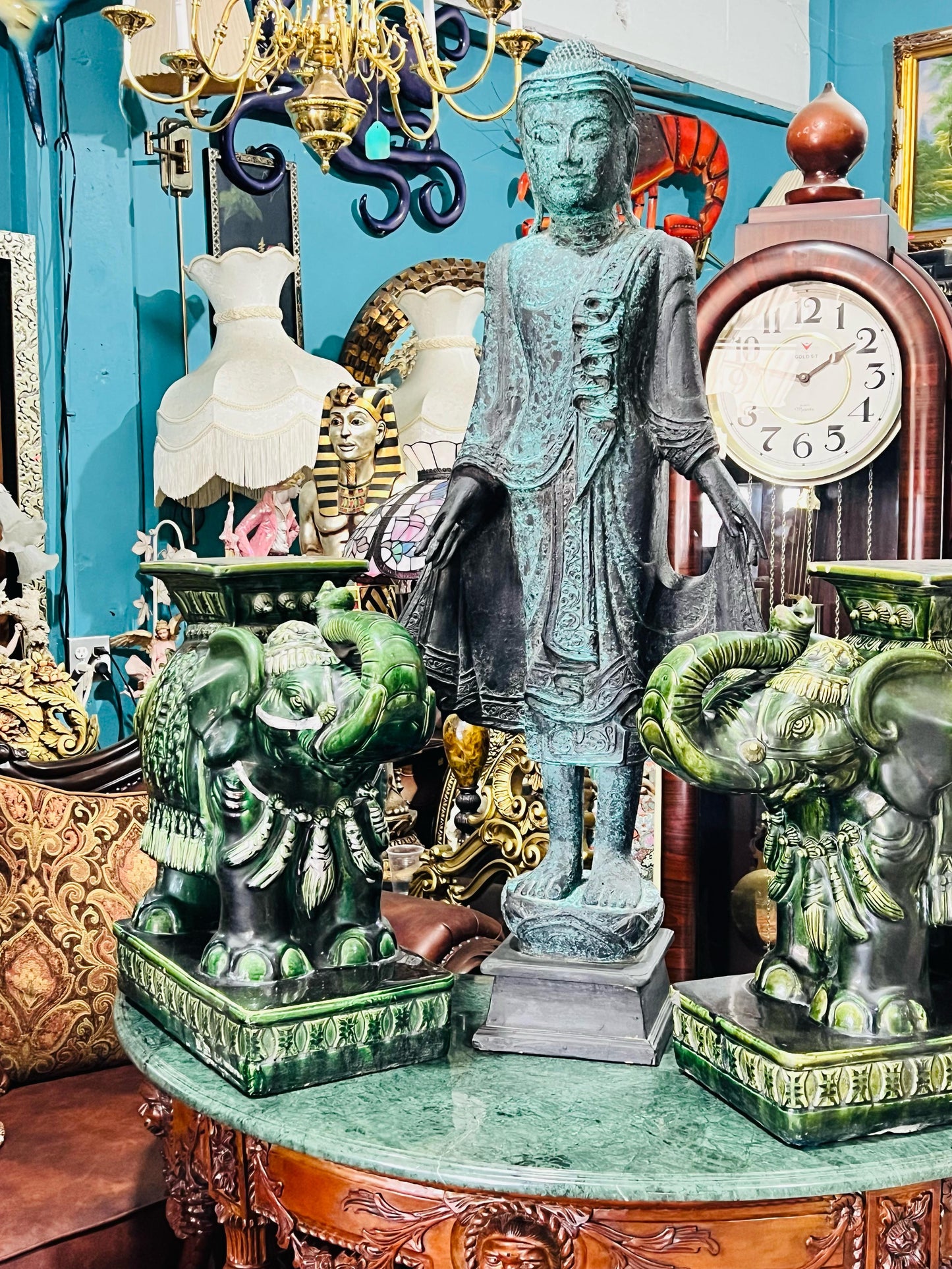 💚🐘💚Elefantes Cerámicos Vintage - Asiento o Mesa Auxiliar en Estilo Boho Majolica Verde💚🐘💚