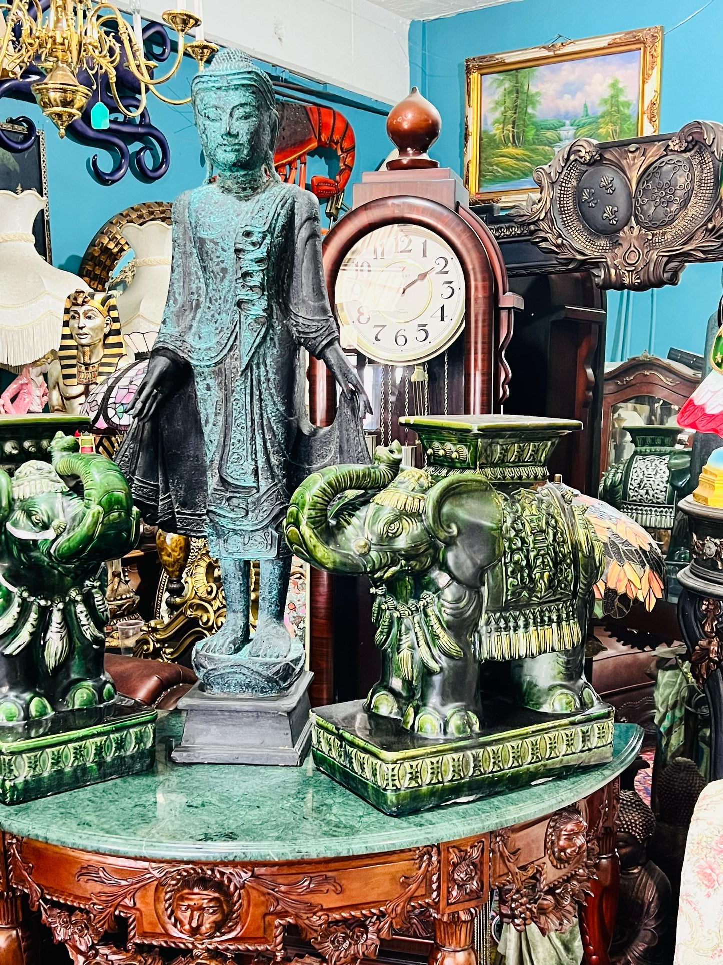 💚🐘💚Elefantes Cerámicos Vintage - Asiento o Mesa Auxiliar en Estilo Boho Majolica Verde💚🐘💚