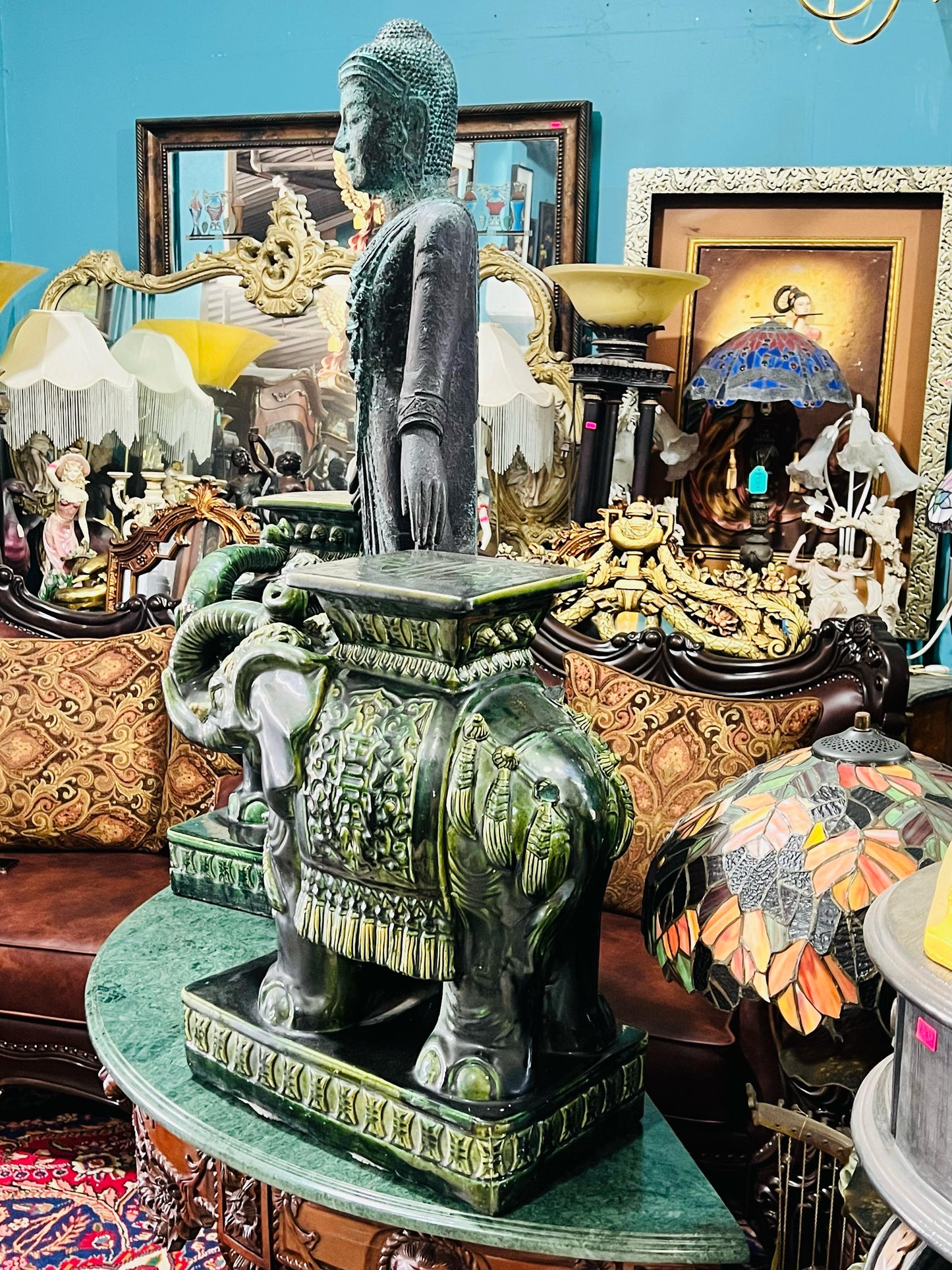 💚🐘💚Elefantes Cerámicos Vintage - Asiento o Mesa Auxiliar en Estilo Boho Majolica Verde💚🐘💚