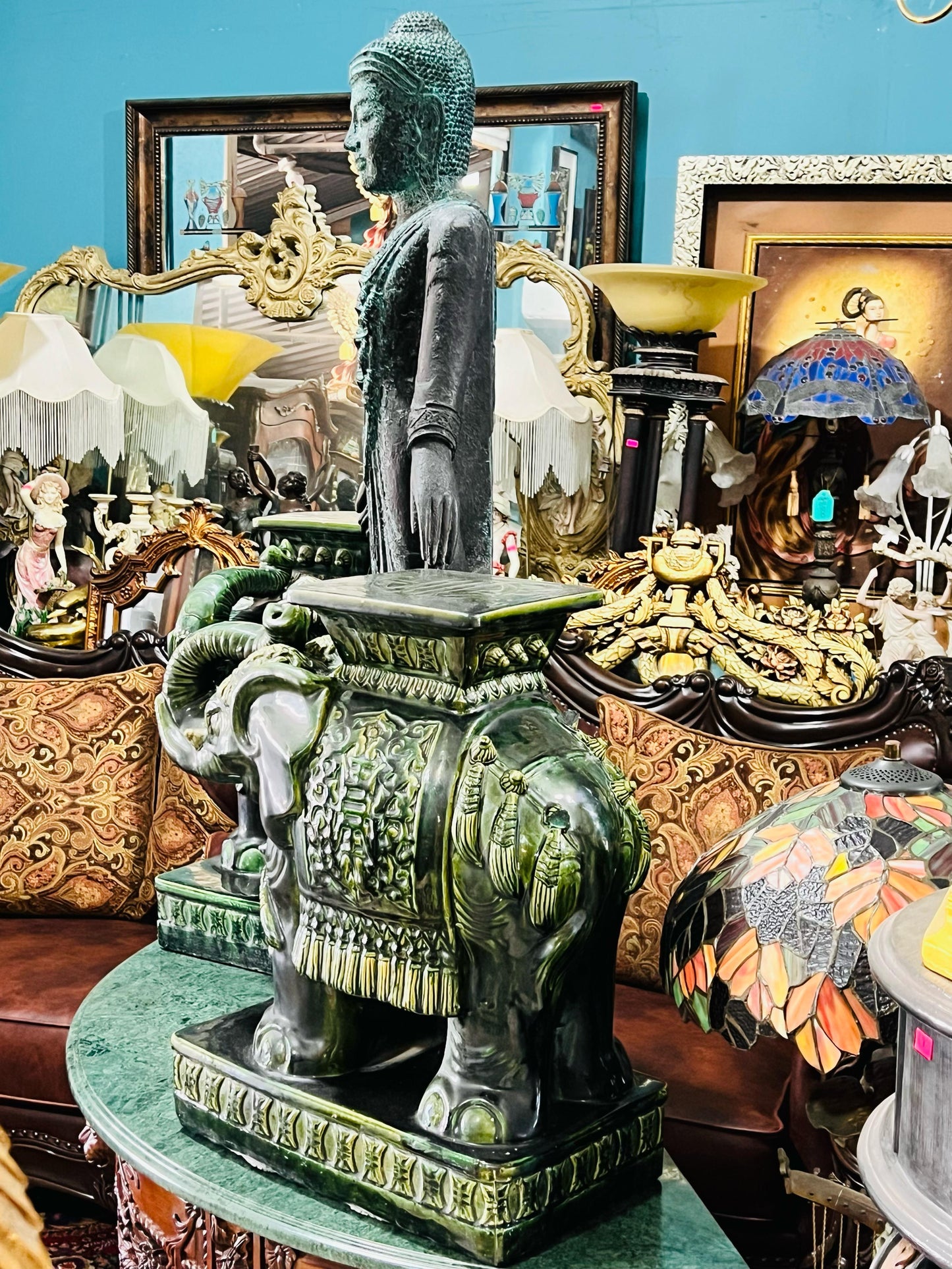 💚🐘💚Elefantes Cerámicos Vintage - Asiento o Mesa Auxiliar en Estilo Boho Majolica Verde💚🐘💚