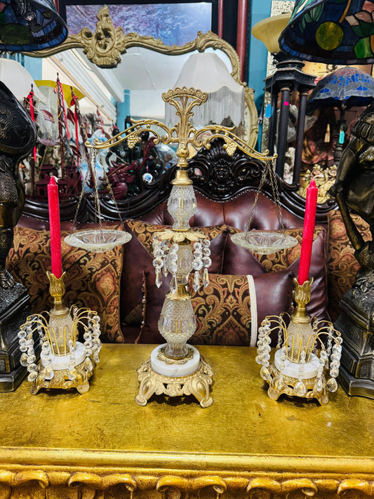 🕯️⚖️ Decorative Brass Set with Crystals – Vintage Scales and Candlesticks⚖️🕯️