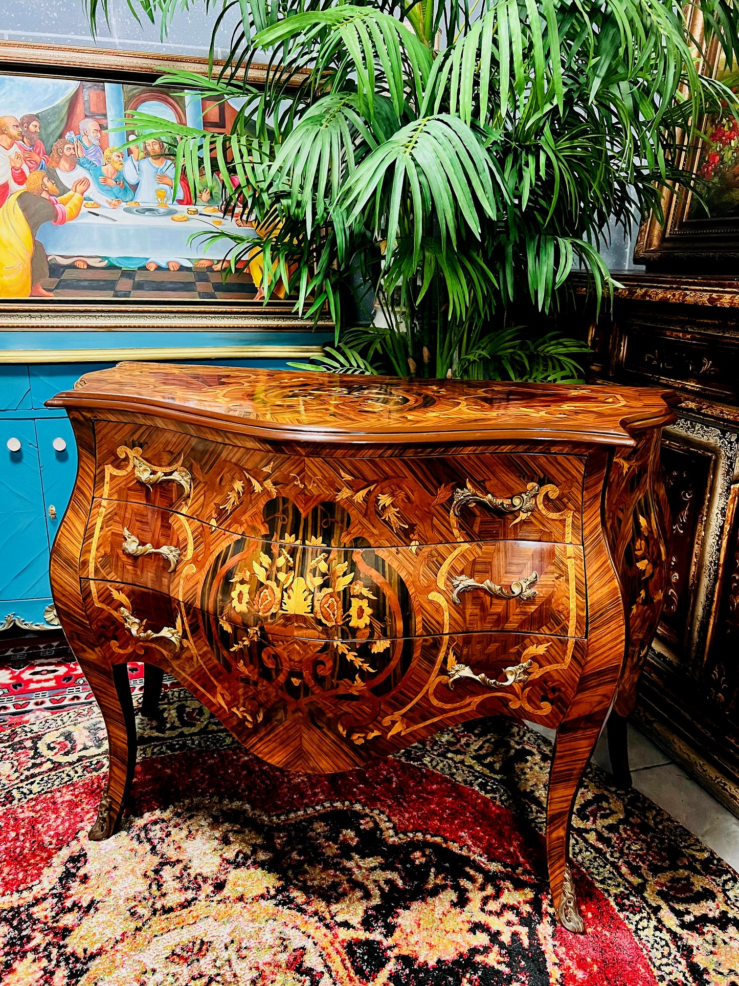 ⚜️Bombé francés con marquetería e incrustaciones en bronce dorado 🇫🇷