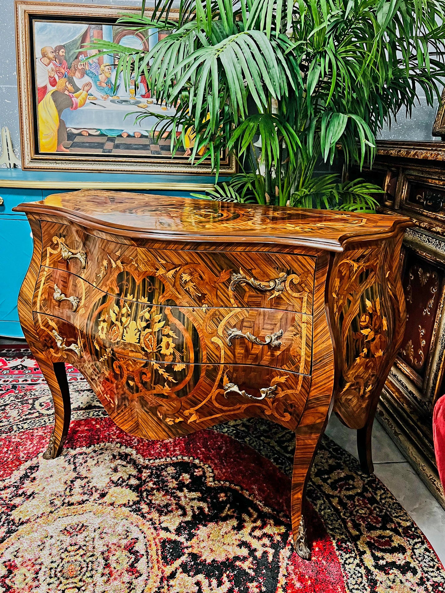 ⚜️Bombé francés con marquetería e incrustaciones en bronce dorado 🇫🇷