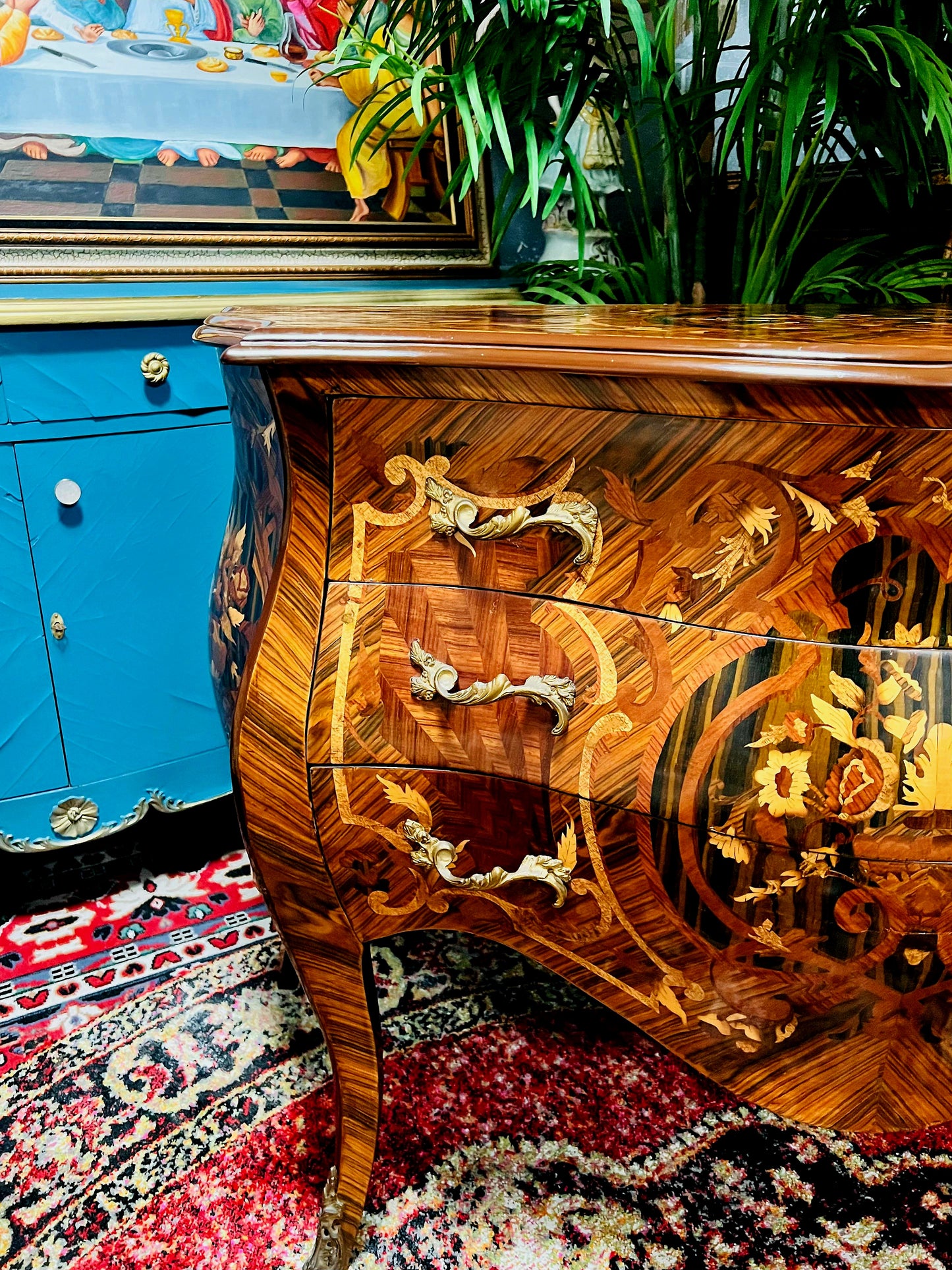 ⚜️Bombé francés con marquetería e incrustaciones en bronce dorado 🇫🇷