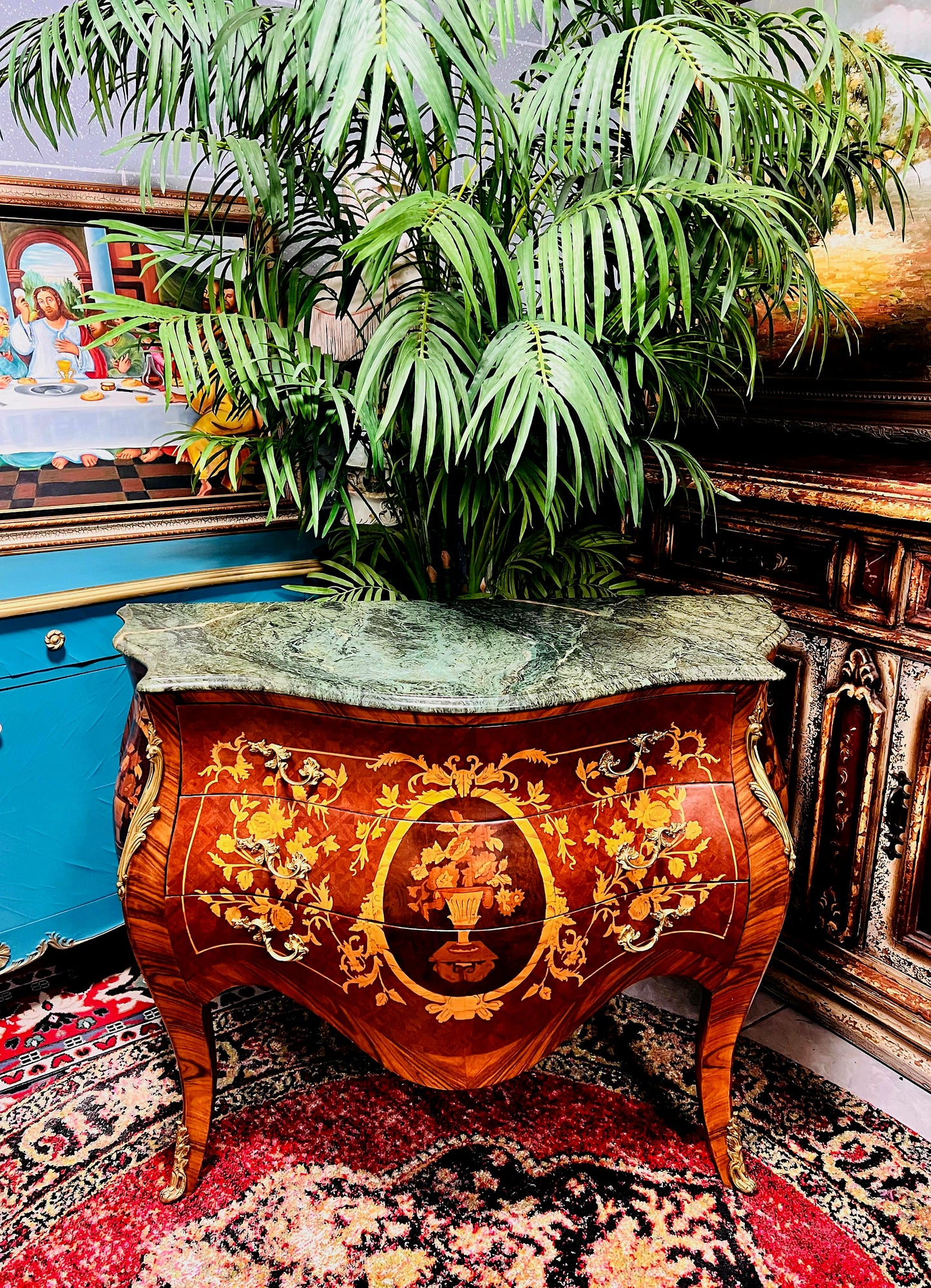 🇫🇷✨Bombe Francés con Marquetería, Bronce Dorado y Mármol Verde Pecho Paloma 🎩🌿