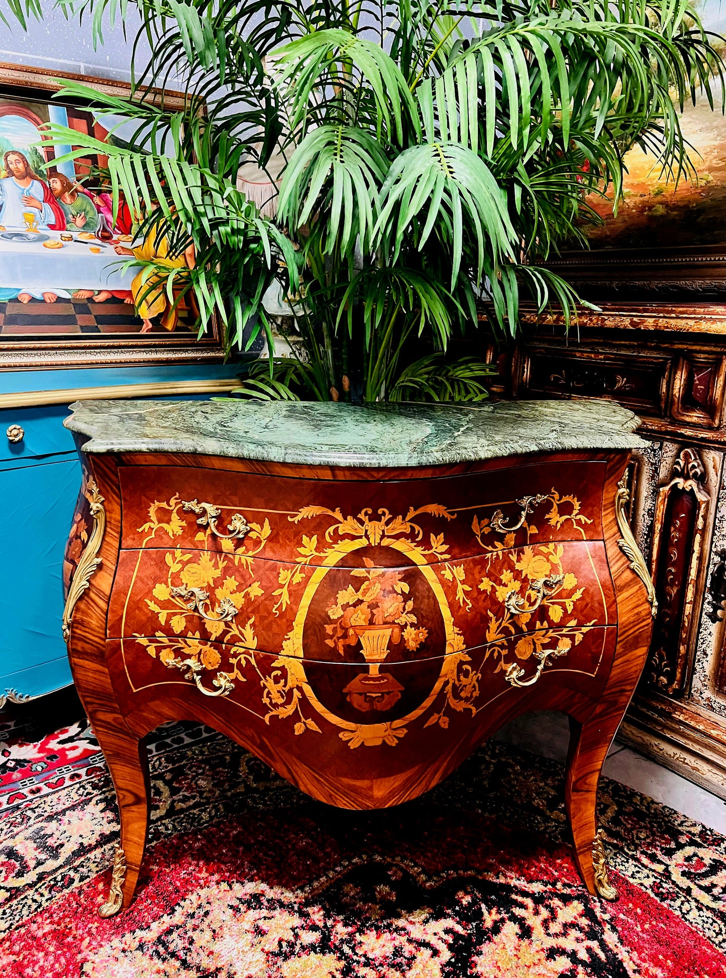 🇫🇷✨Bombe Francés con Marquetería, Bronce Dorado y Mármol Verde Pecho Paloma 🎩🌿