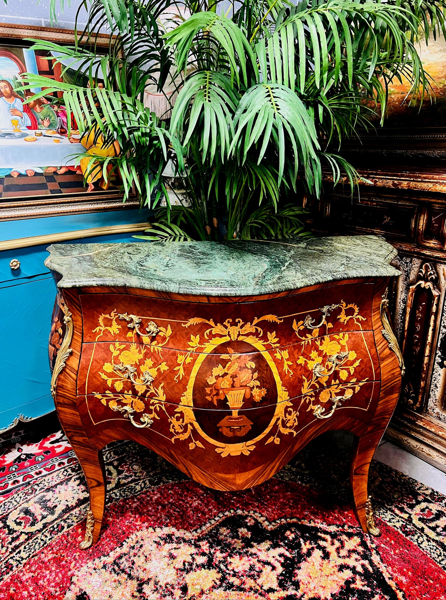 🇫🇷✨Bombe Francés con Marquetería, Bronce Dorado y Mármol Verde Pecho Paloma 🎩🌿