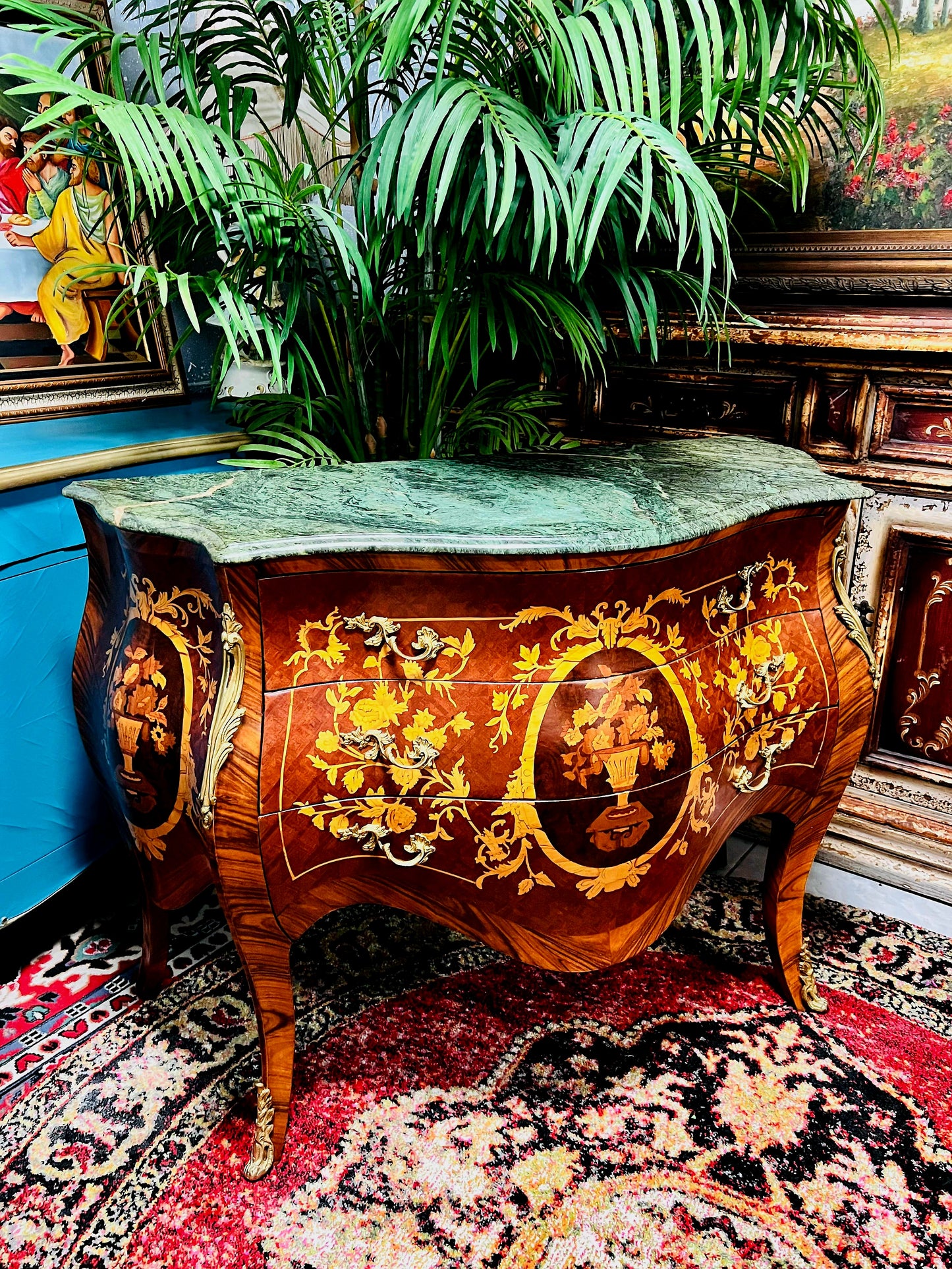 🇫🇷✨Bombe Francés con Marquetería, Bronce Dorado y Mármol Verde Pecho Paloma 🎩🌿