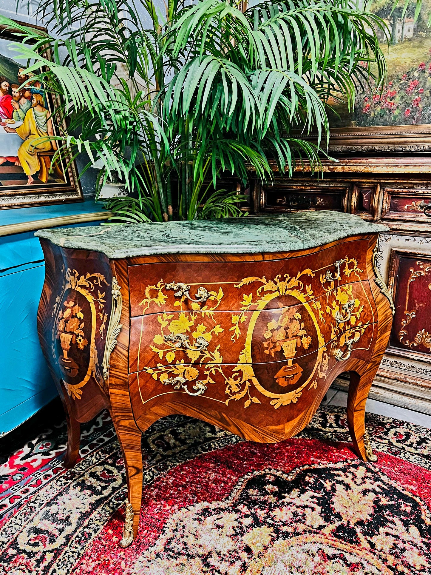 🇫🇷✨Bombe Francés con Marquetería, Bronce Dorado y Mármol Verde Pecho Paloma 🎩🌿