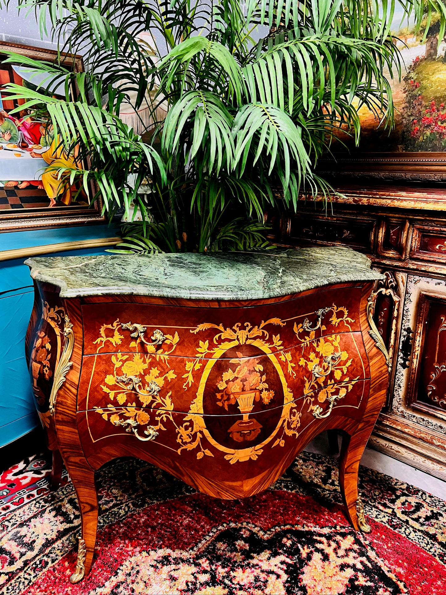 🇫🇷✨Bombe Francés con Marquetería, Bronce Dorado y Mármol Verde Pecho Paloma 🎩🌿