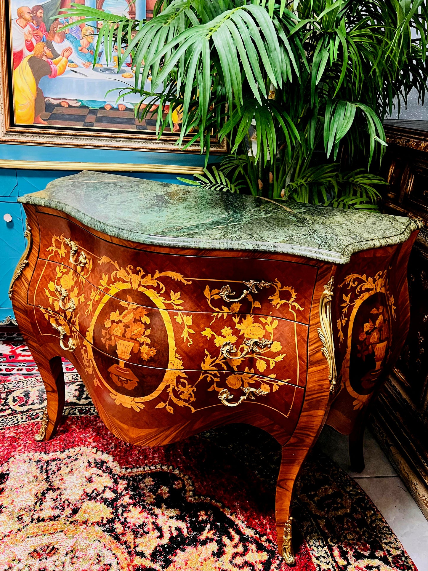 🇫🇷✨Bombe Francés con Marquetería, Bronce Dorado y Mármol Verde Pecho Paloma 🎩🌿