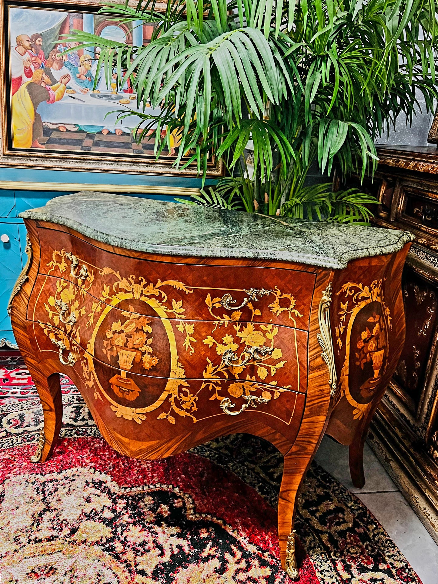 🇫🇷✨Bombe Francés con Marquetería, Bronce Dorado y Mármol Verde Pecho Paloma 🎩🌿