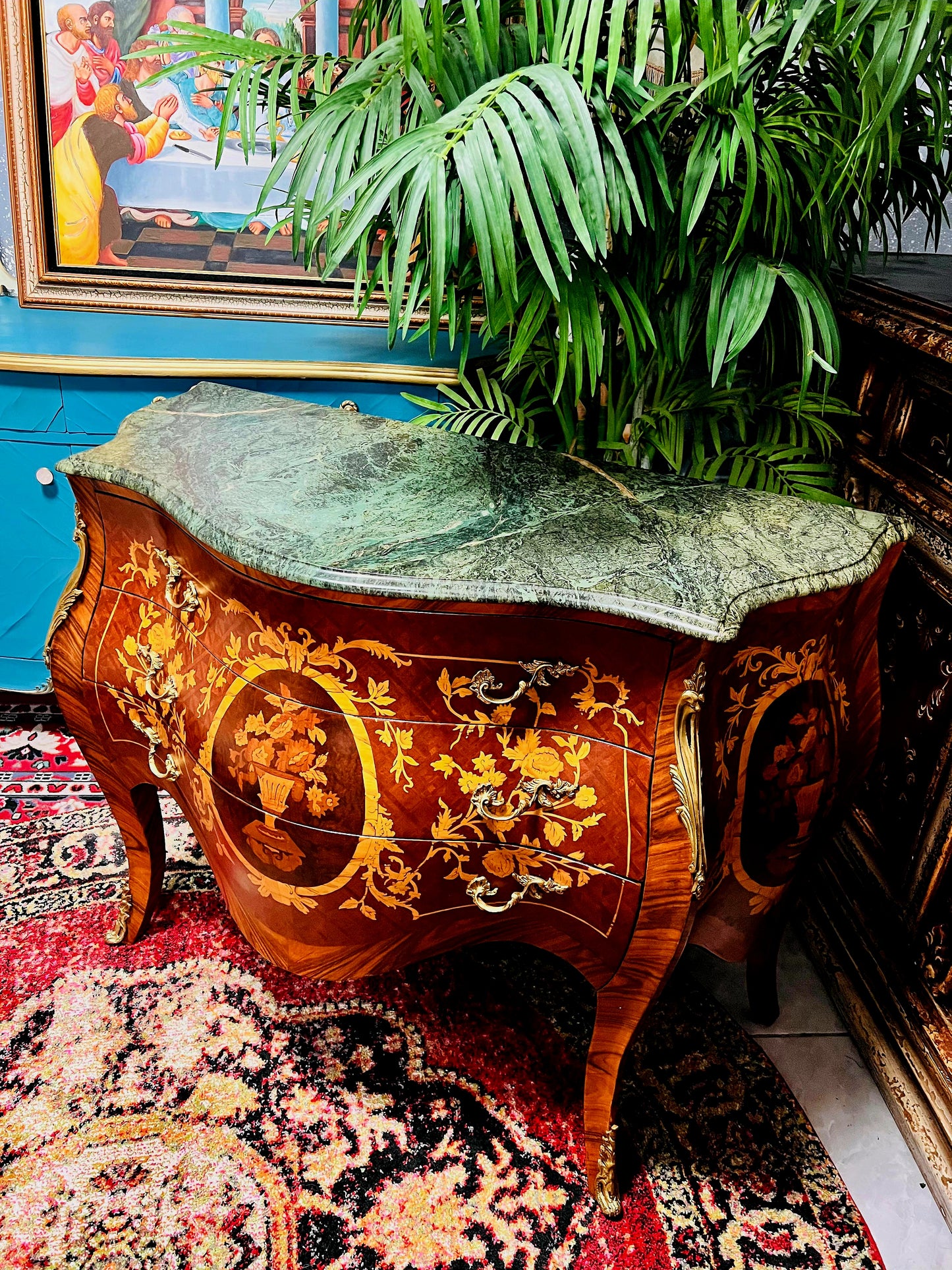 🇫🇷✨Bombe Francés con Marquetería, Bronce Dorado y Mármol Verde Pecho Paloma 🎩🌿