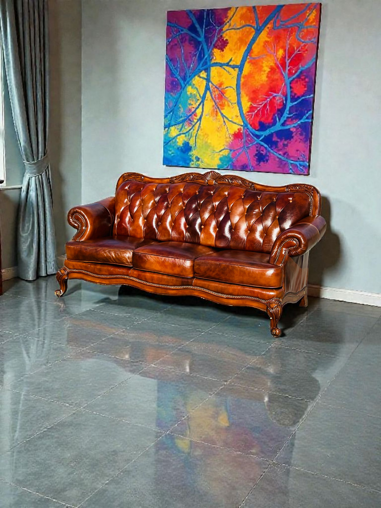 🛋️ Juego de Sala Clasico — Cuero Marron con Tallado Ornamental (2 piezas)