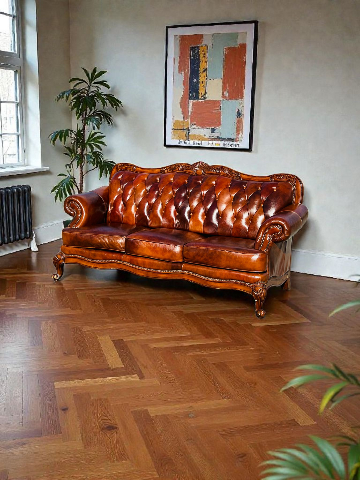 🛋️ Juego de Sala Clasico — Cuero Marron con Tallado Ornamental (2 piezas)