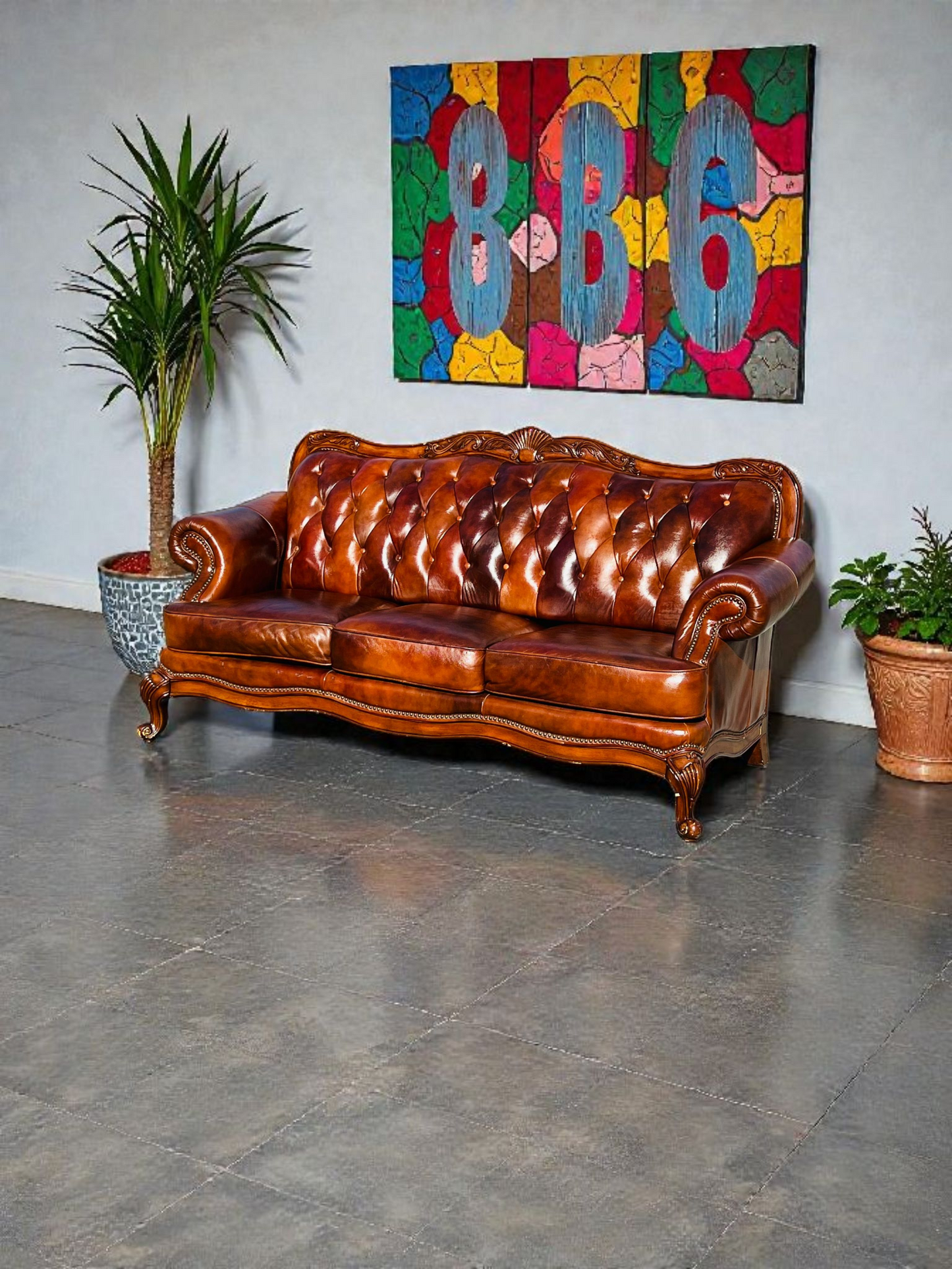 🛋️ Juego de Sala Clasico — Cuero Marron con Tallado Ornamental (2 piezas)