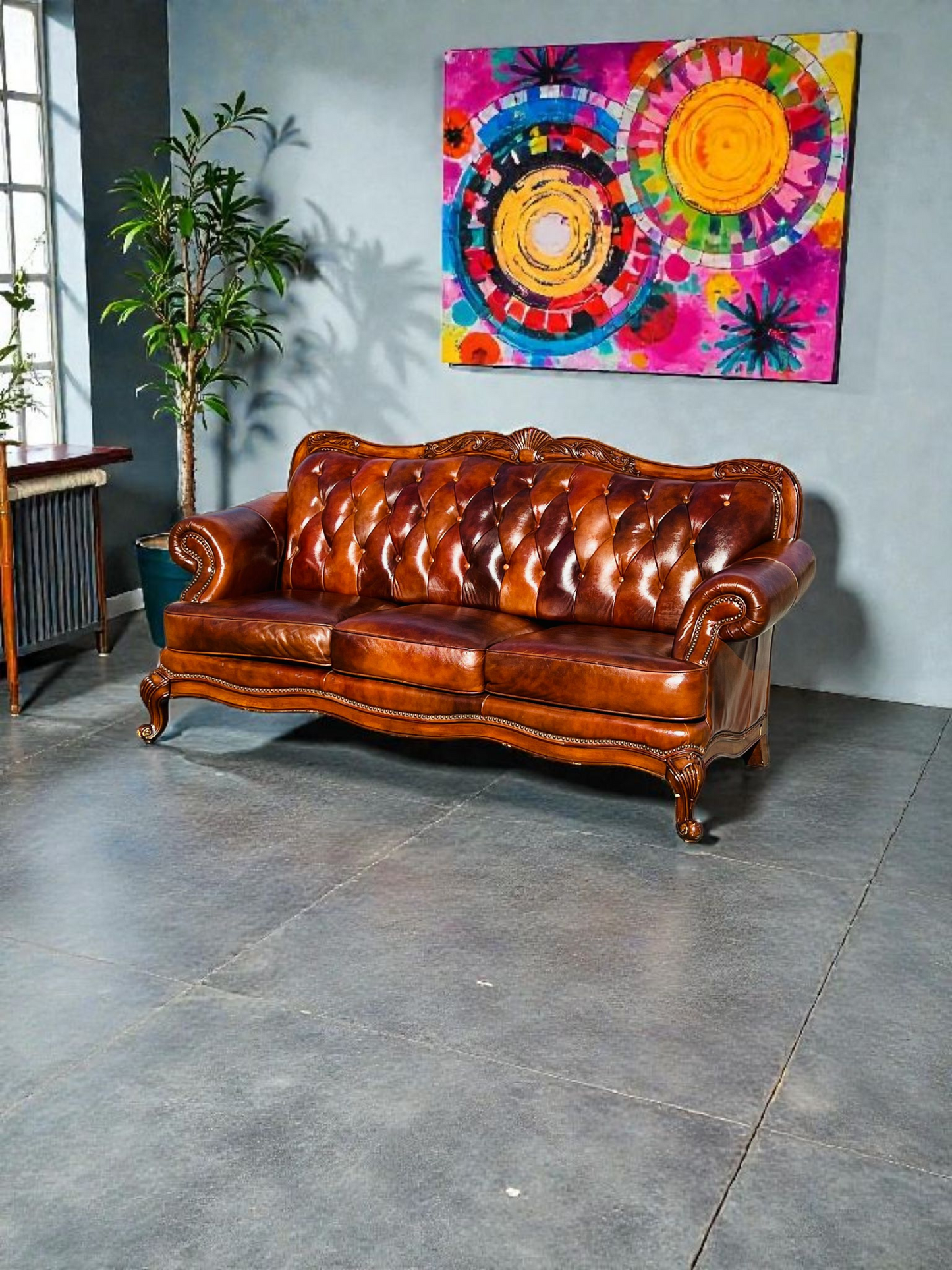 🛋️ Juego de Sala Clasico — Cuero Marron con Tallado Ornamental (2 piezas)