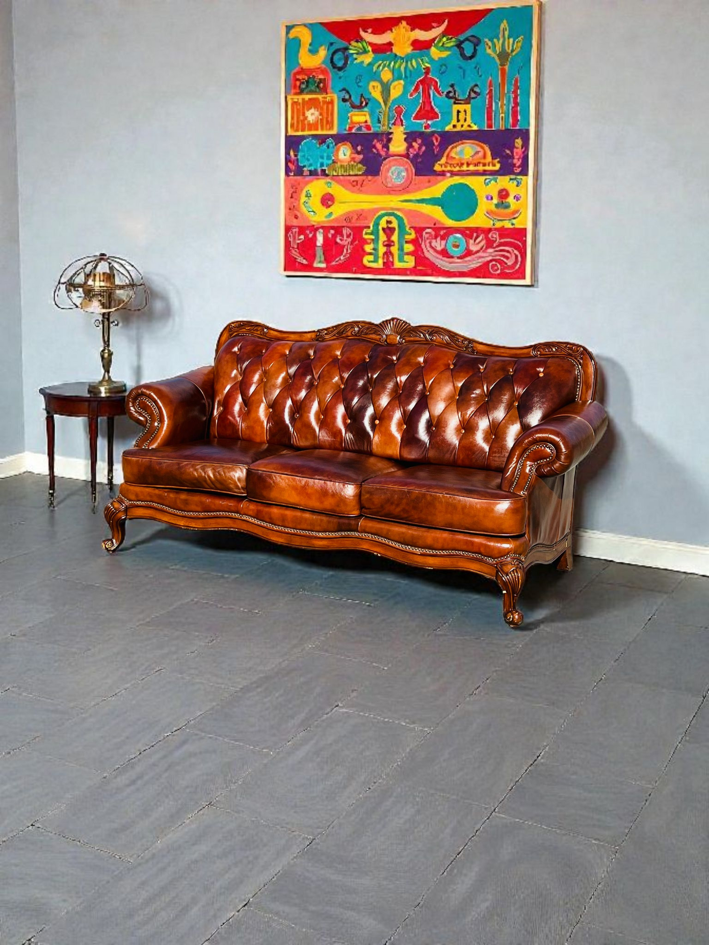 🛋️ Juego de Sala Clasico — Cuero Marron con Tallado Ornamental (2 piezas)