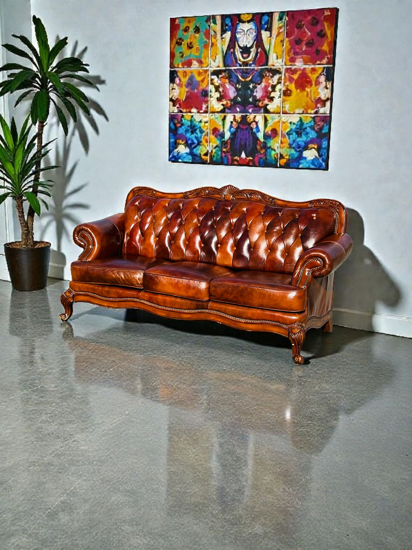 🛋️ Juego de Sala Clasico — Cuero Marron con Tallado Ornamental (2 piezas)