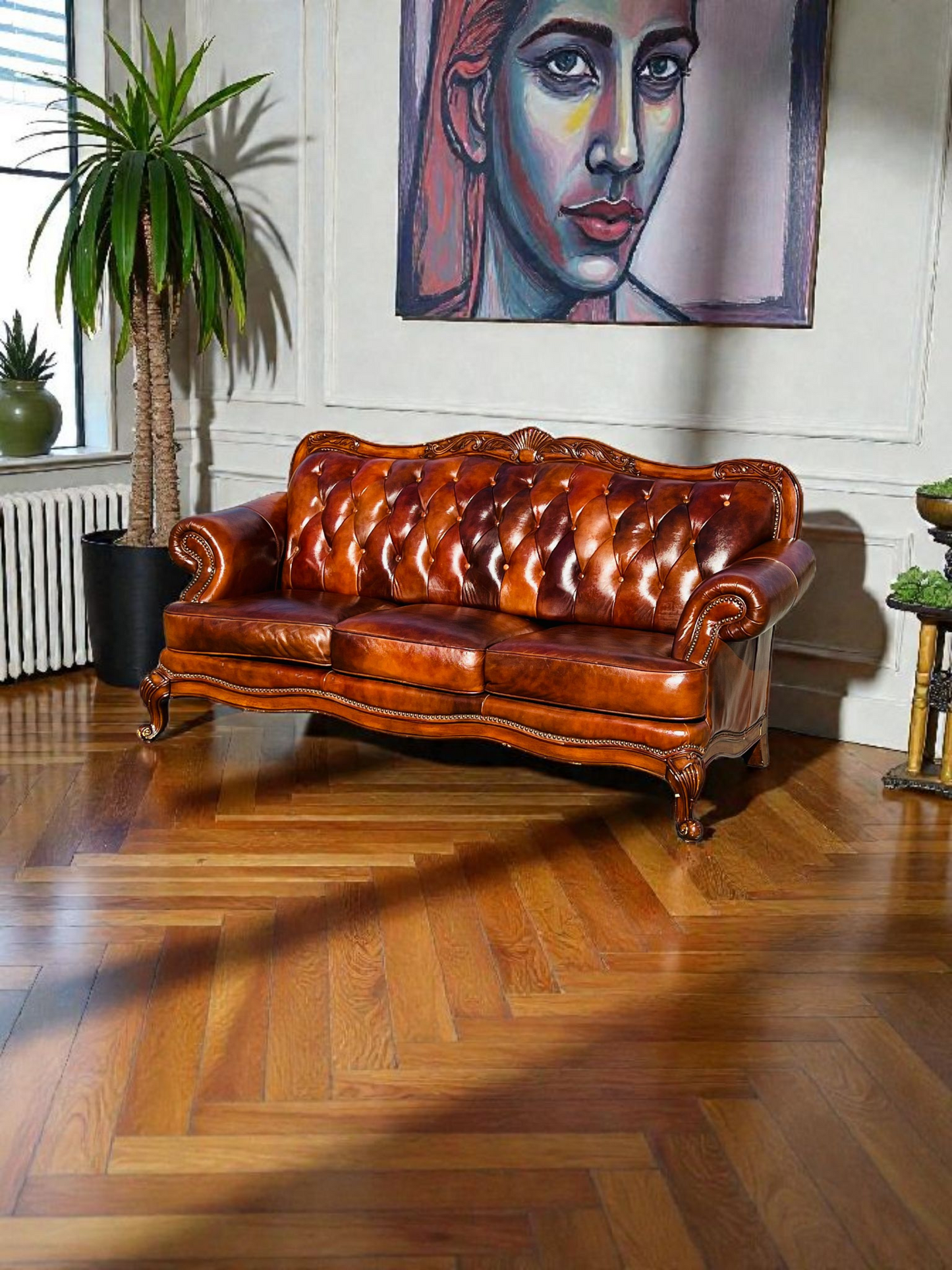 🛋️ Juego de Sala Clasico — Cuero Marron con Tallado Ornamental (2 piezas)