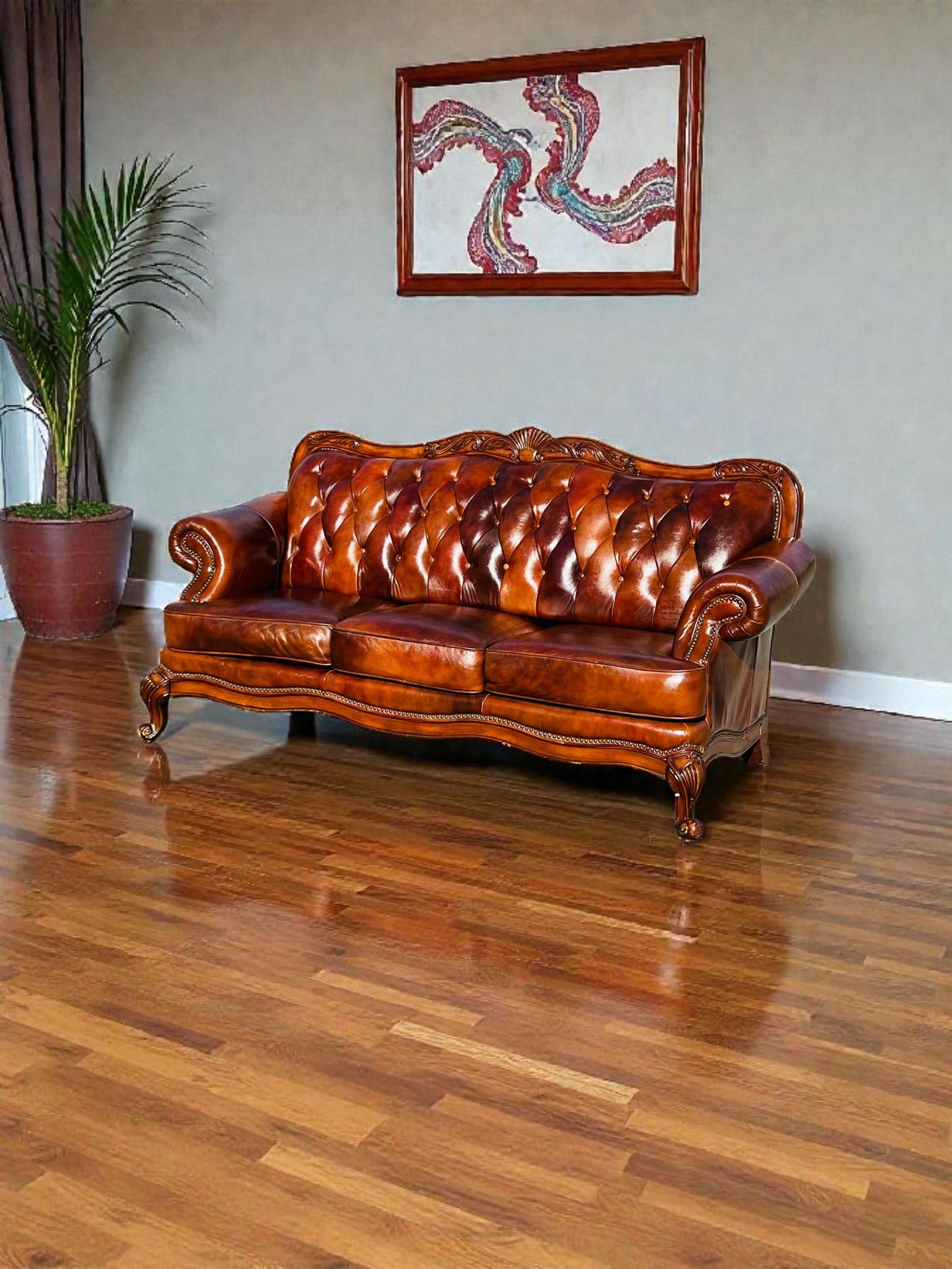 🛋️ Juego de Sala Clasico — Cuero Marron con Tallado Ornamental (2 piezas)