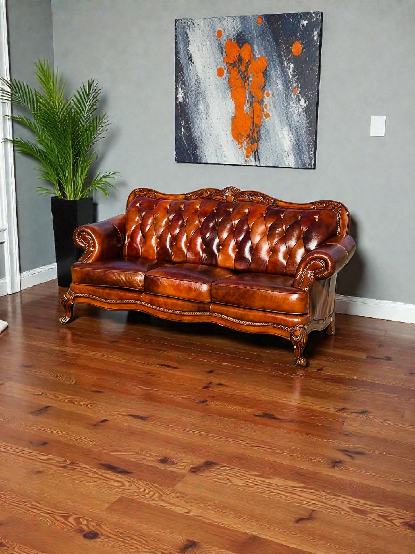 🛋️ Juego de Sala Clasico — Cuero Marron con Tallado Ornamental (2 piezas)