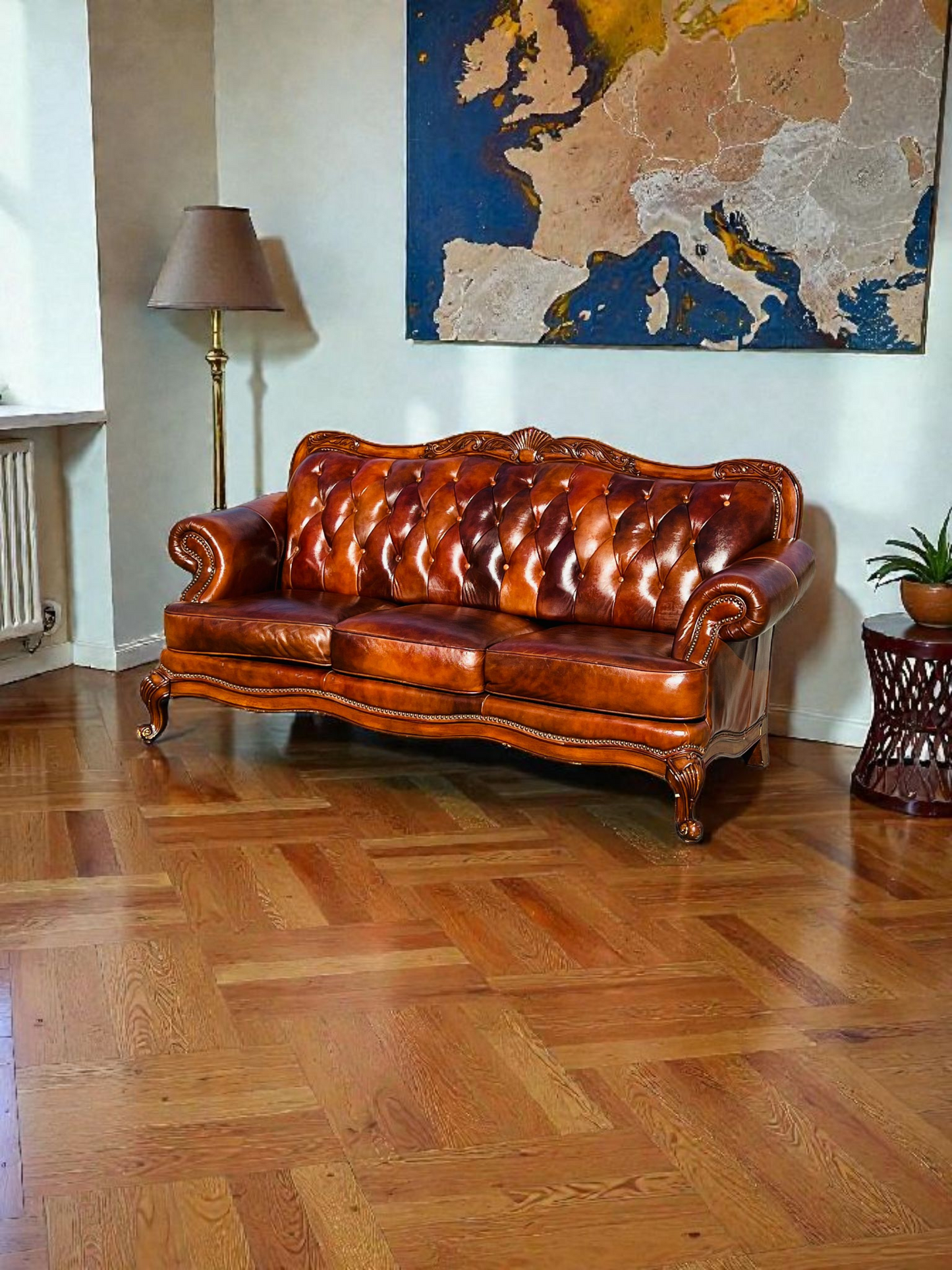 🛋️ Juego de Sala Clasico — Cuero Marron con Tallado Ornamental (2 piezas)