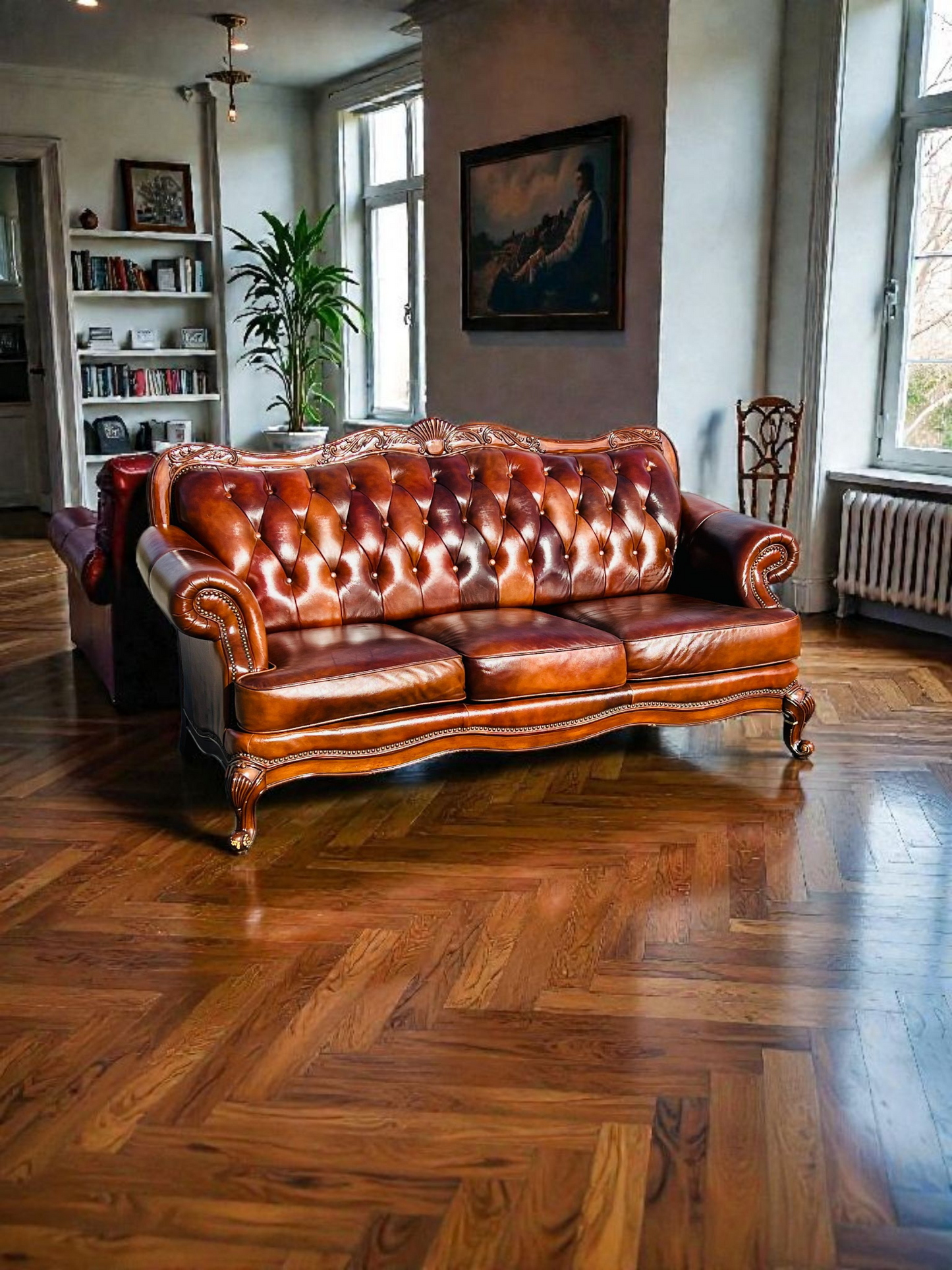 🛋️ Juego de Sala Clasico — Cuero Marron con Tallado Ornamental (2 piezas)