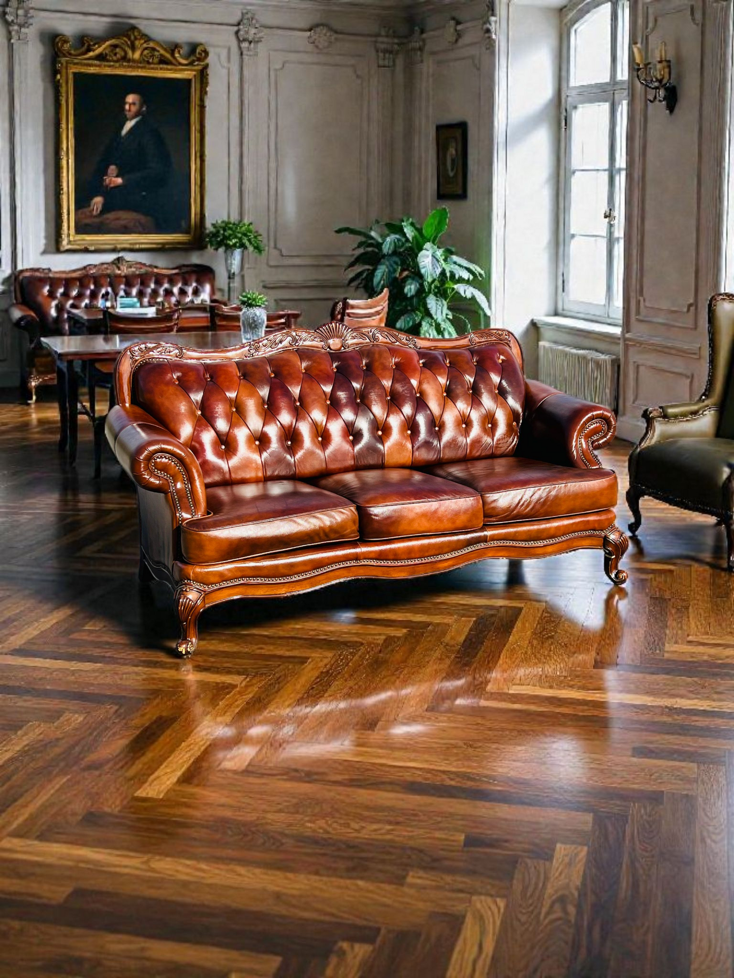 🛋️ Juego de Sala Clasico — Cuero Marron con Tallado Ornamental (2 piezas)