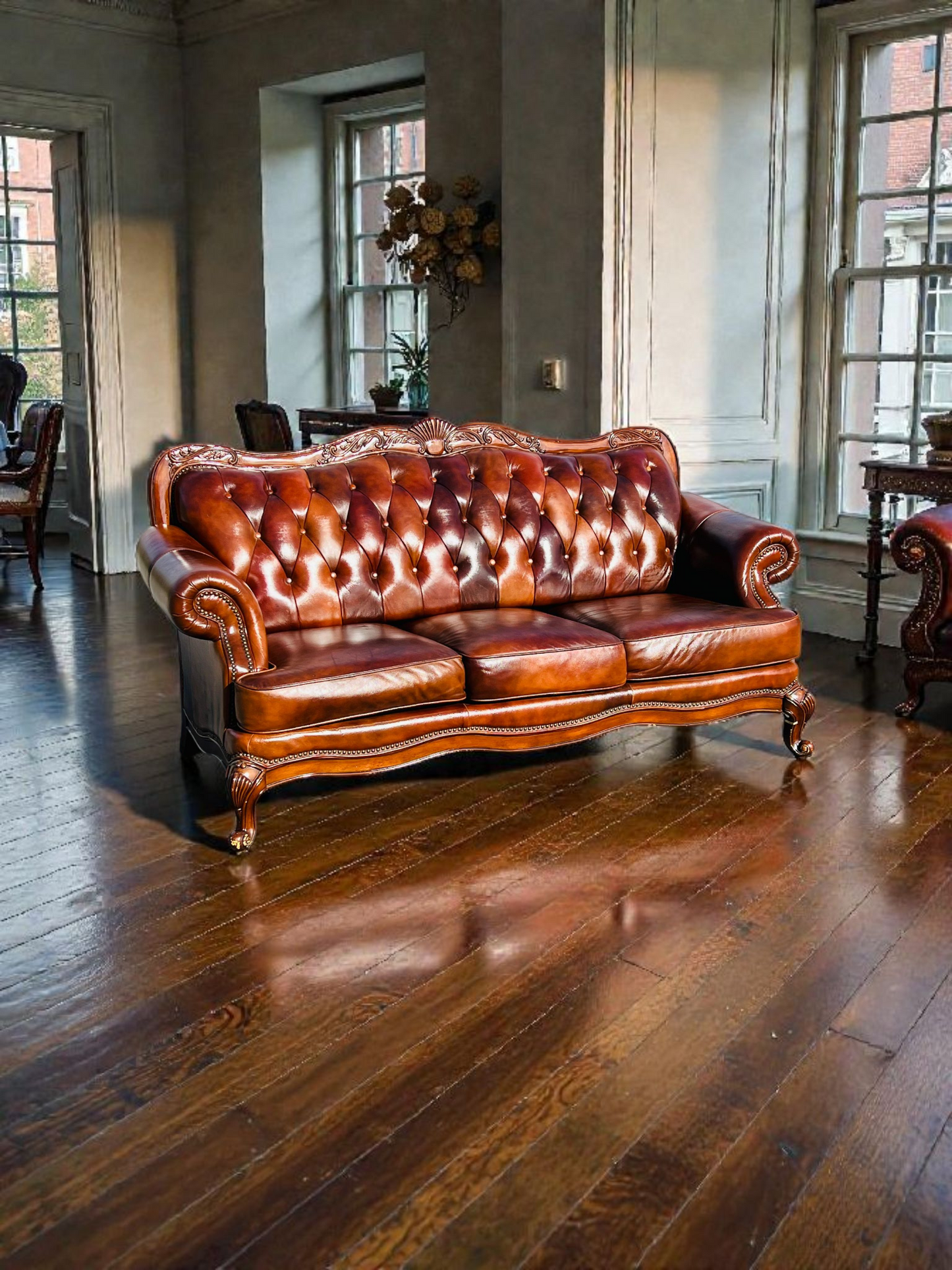 🛋️ Juego de Sala Clasico — Cuero Marron con Tallado Ornamental (2 piezas)