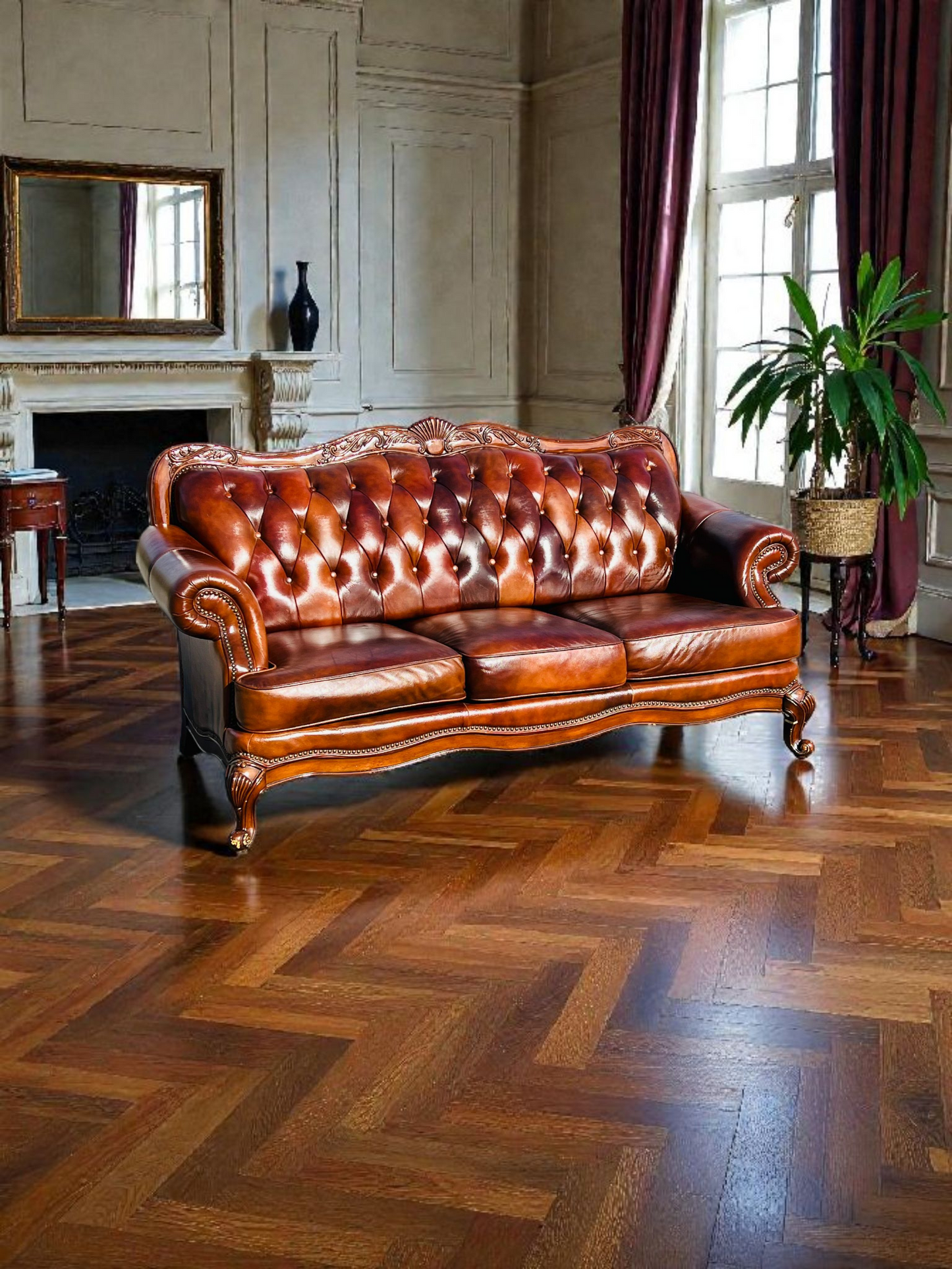 🛋️ Juego de Sala Clasico — Cuero Marron con Tallado Ornamental (2 piezas)