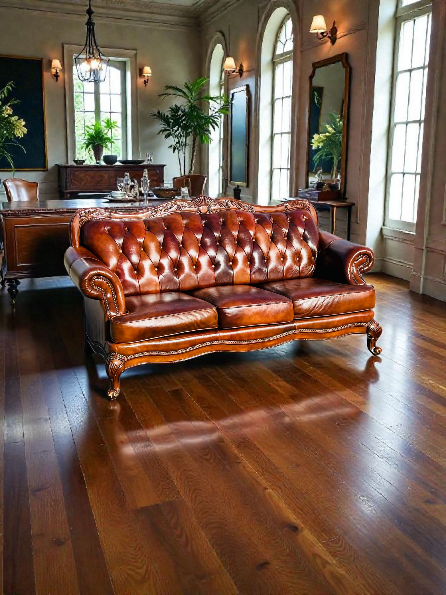 🛋️ Juego de Sala Clasico — Cuero Marron con Tallado Ornamental (2 piezas)