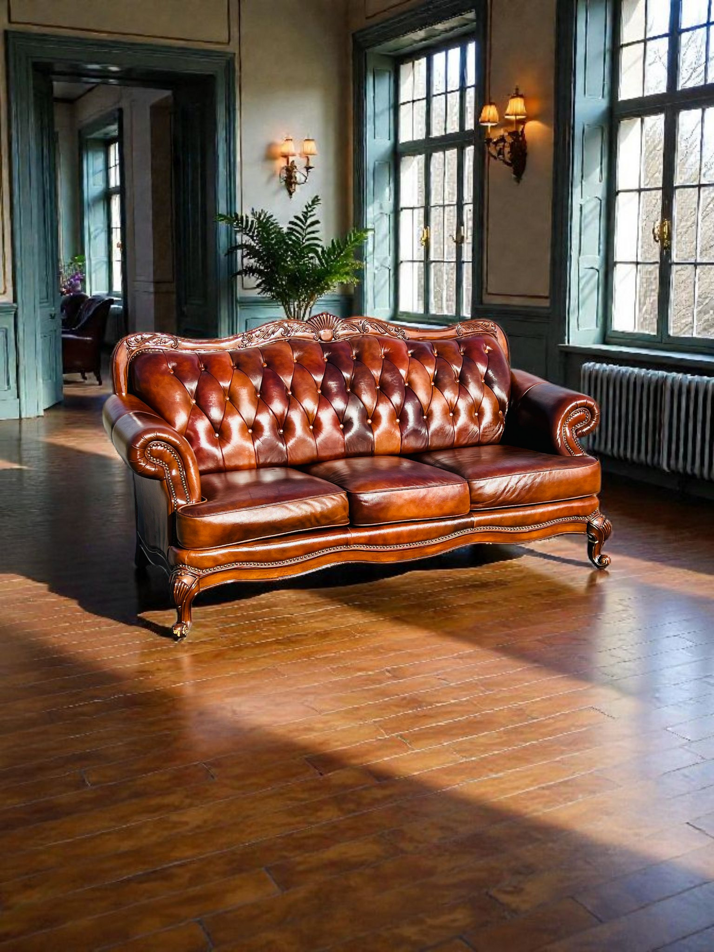 🛋️ Juego de Sala Clasico — Cuero Marron con Tallado Ornamental (2 piezas)