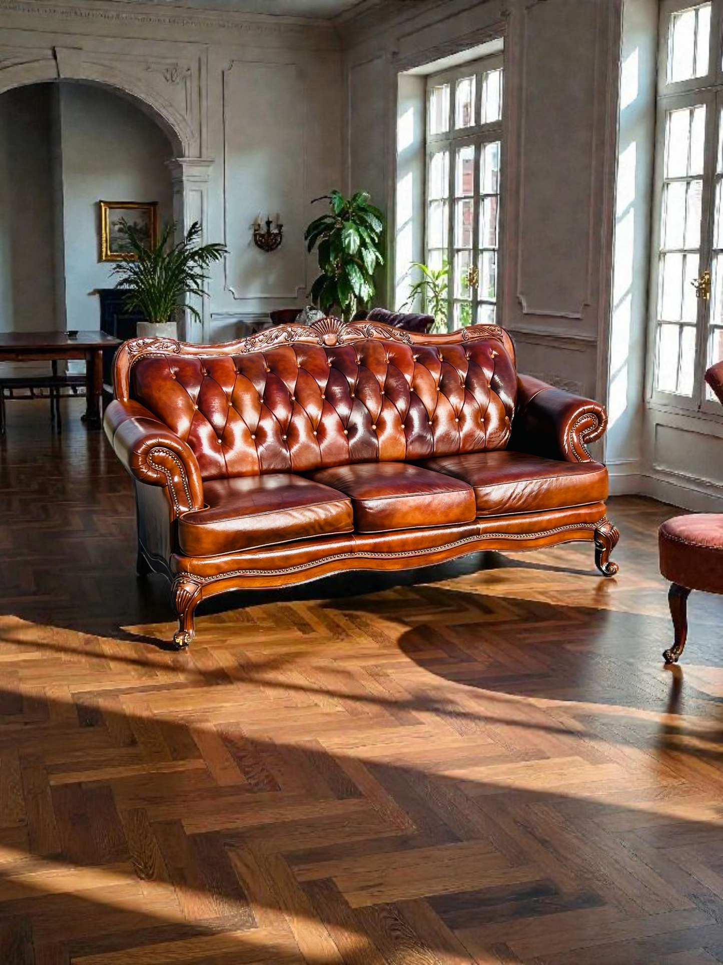 🛋️ Juego de Sala Clasico — Cuero Marron con Tallado Ornamental (2 piezas)