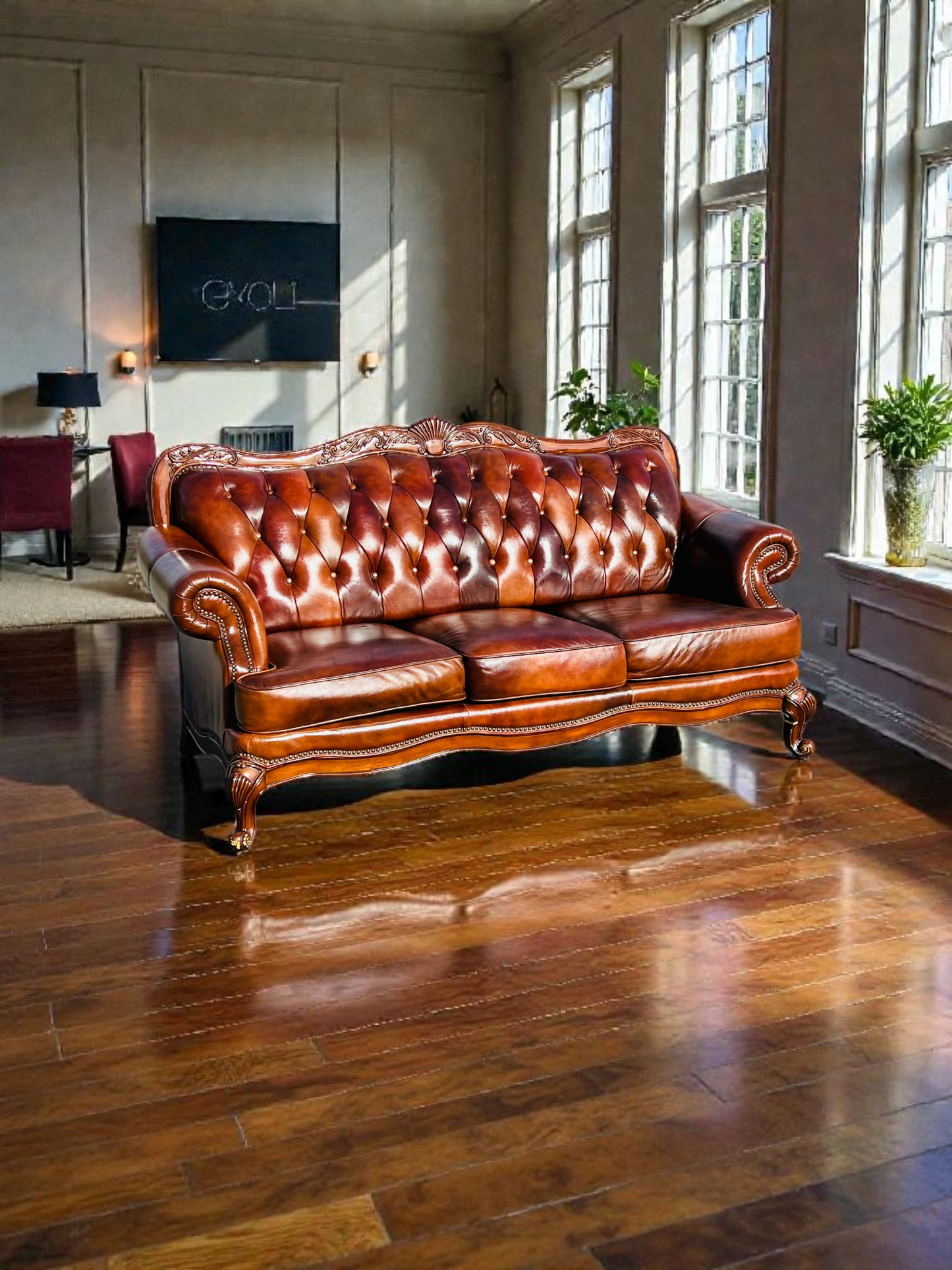 🛋️ Juego de Sala Clasico — Cuero Marron con Tallado Ornamental (2 piezas)