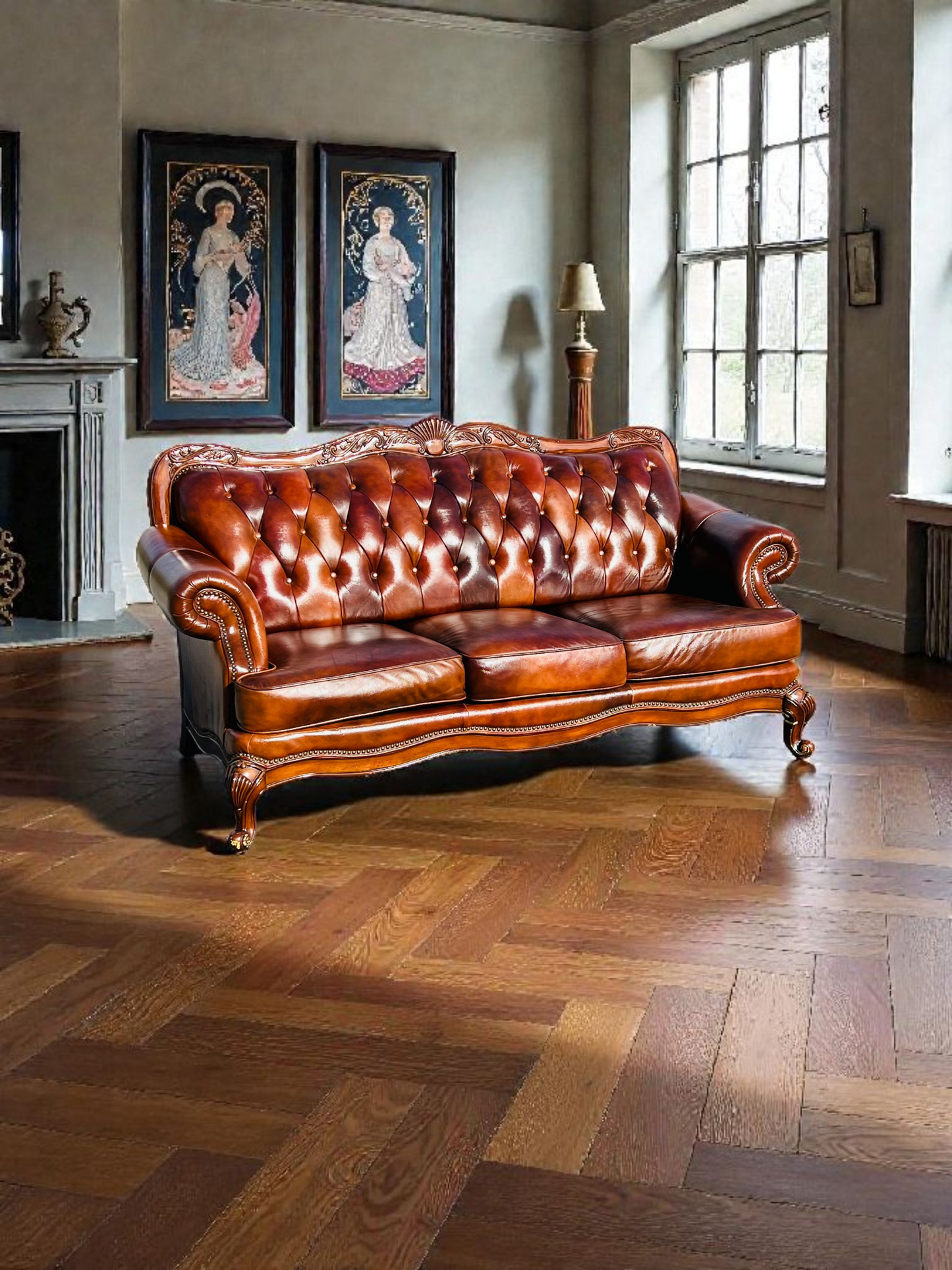 🛋️ Juego de Sala Clasico — Cuero Marron con Tallado Ornamental (2 piezas)