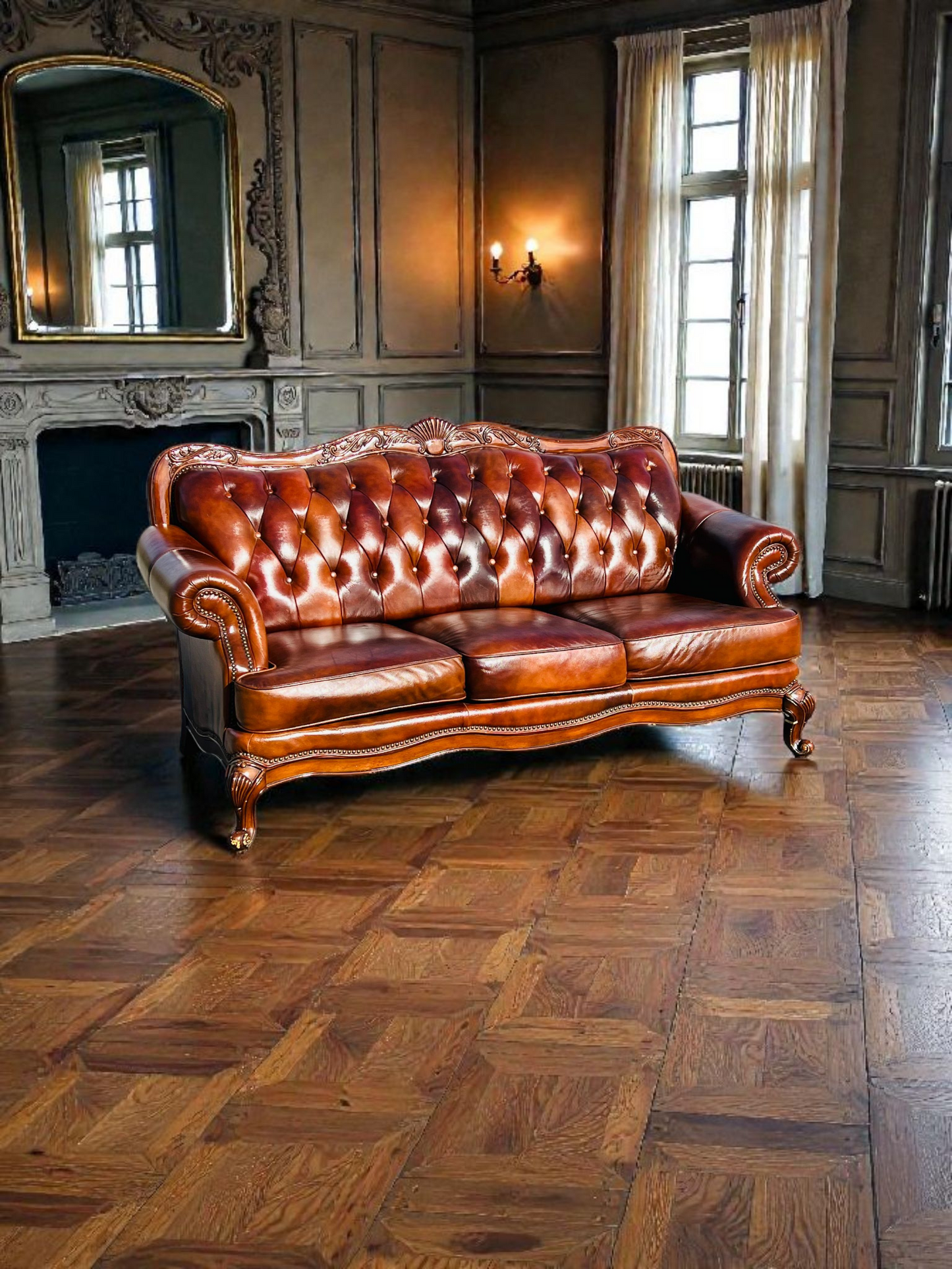 🛋️ Juego de Sala Clasico — Cuero Marron con Tallado Ornamental (2 piezas)