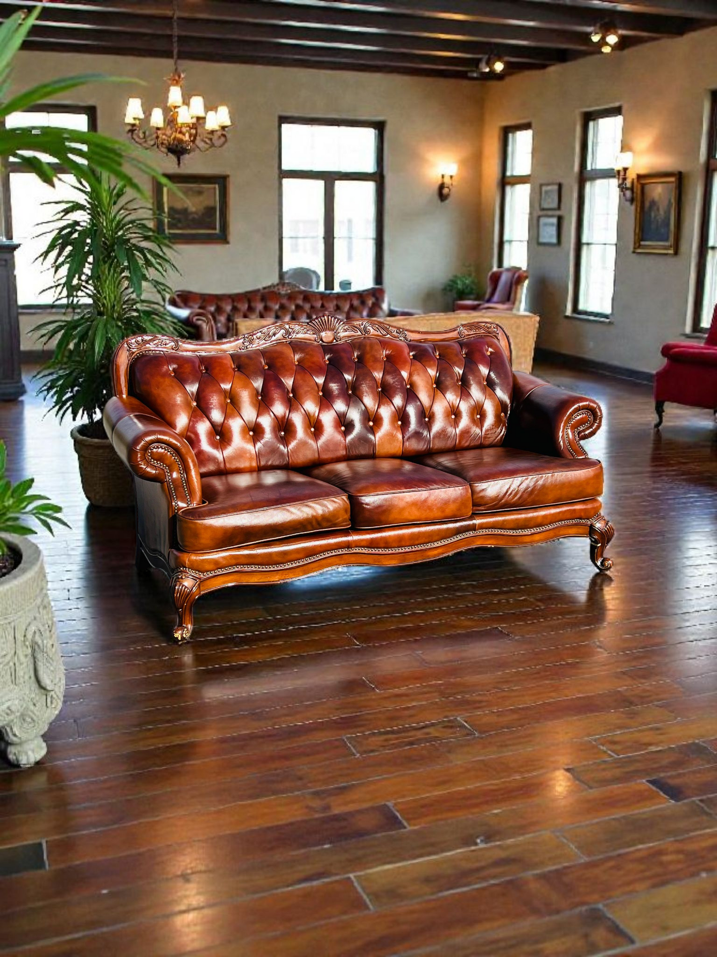 🛋️ Juego de Sala Clasico — Cuero Marron con Tallado Ornamental (2 piezas)