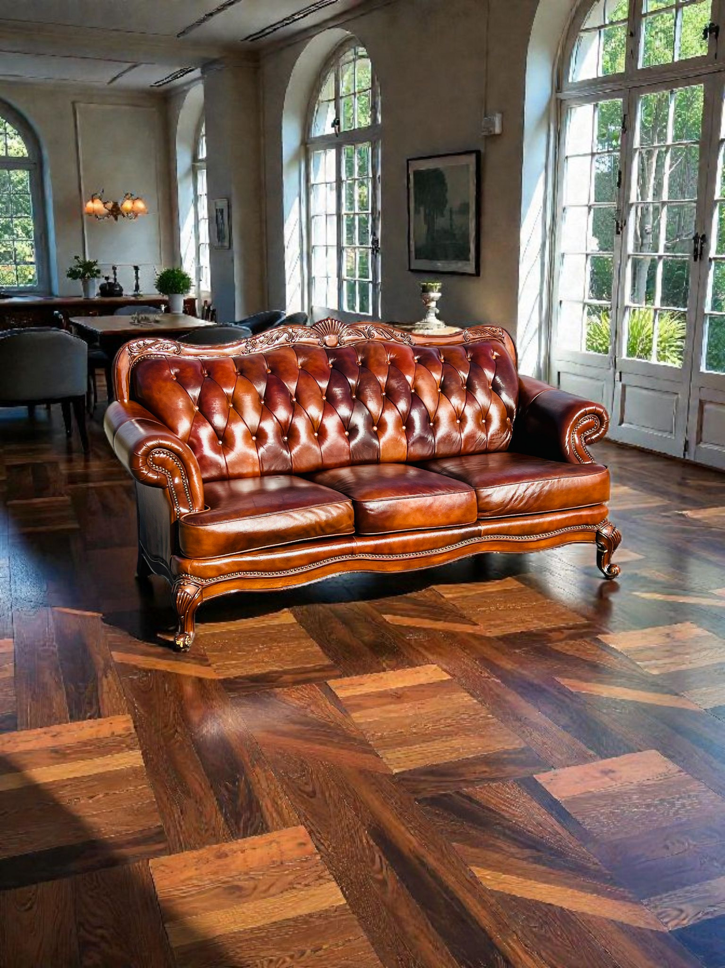 🛋️ Juego de Sala Clasico — Cuero Marron con Tallado Ornamental (2 piezas)