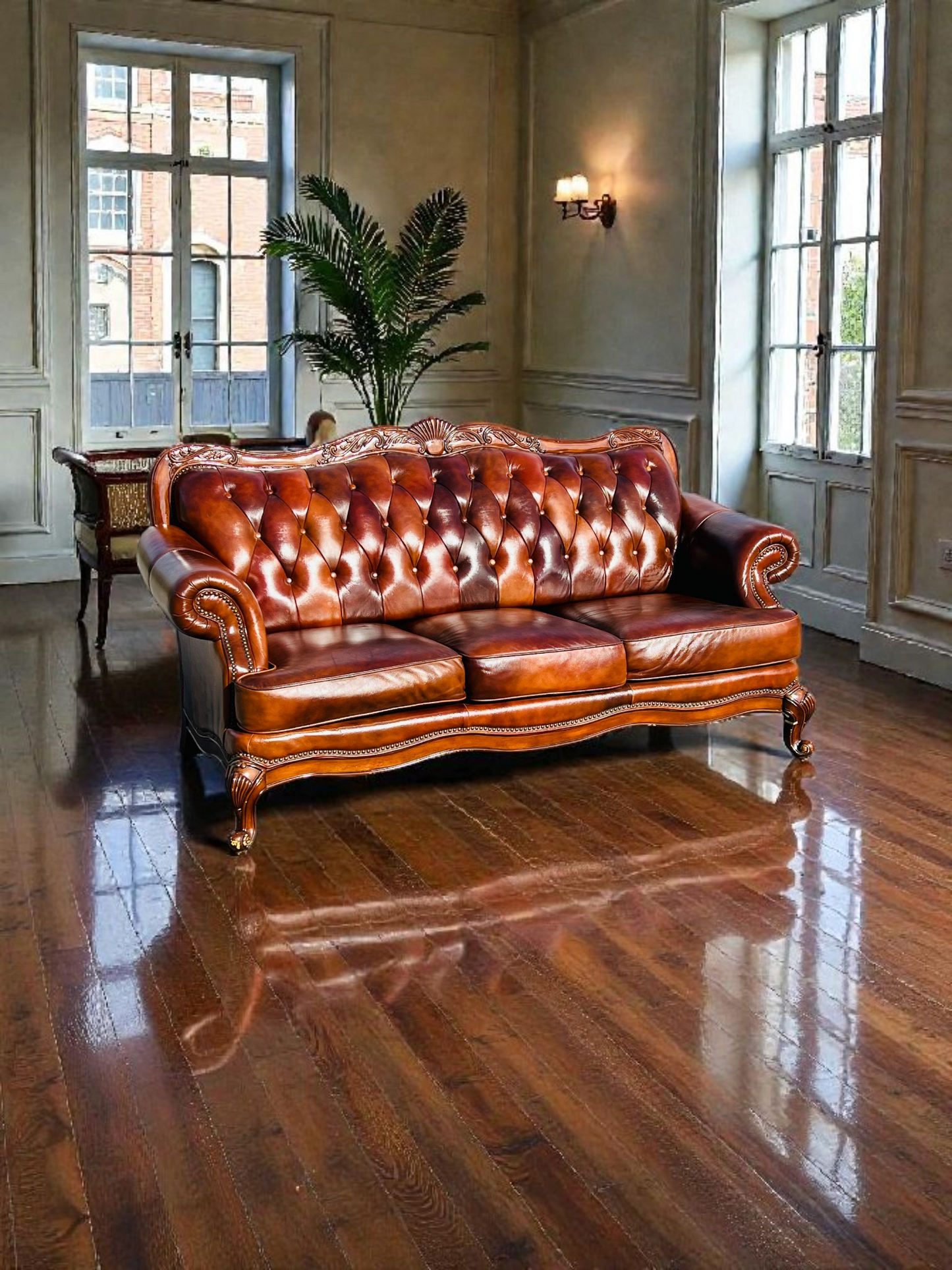 🛋️ Juego de Sala Clasico — Cuero Marron con Tallado Ornamental (2 piezas)