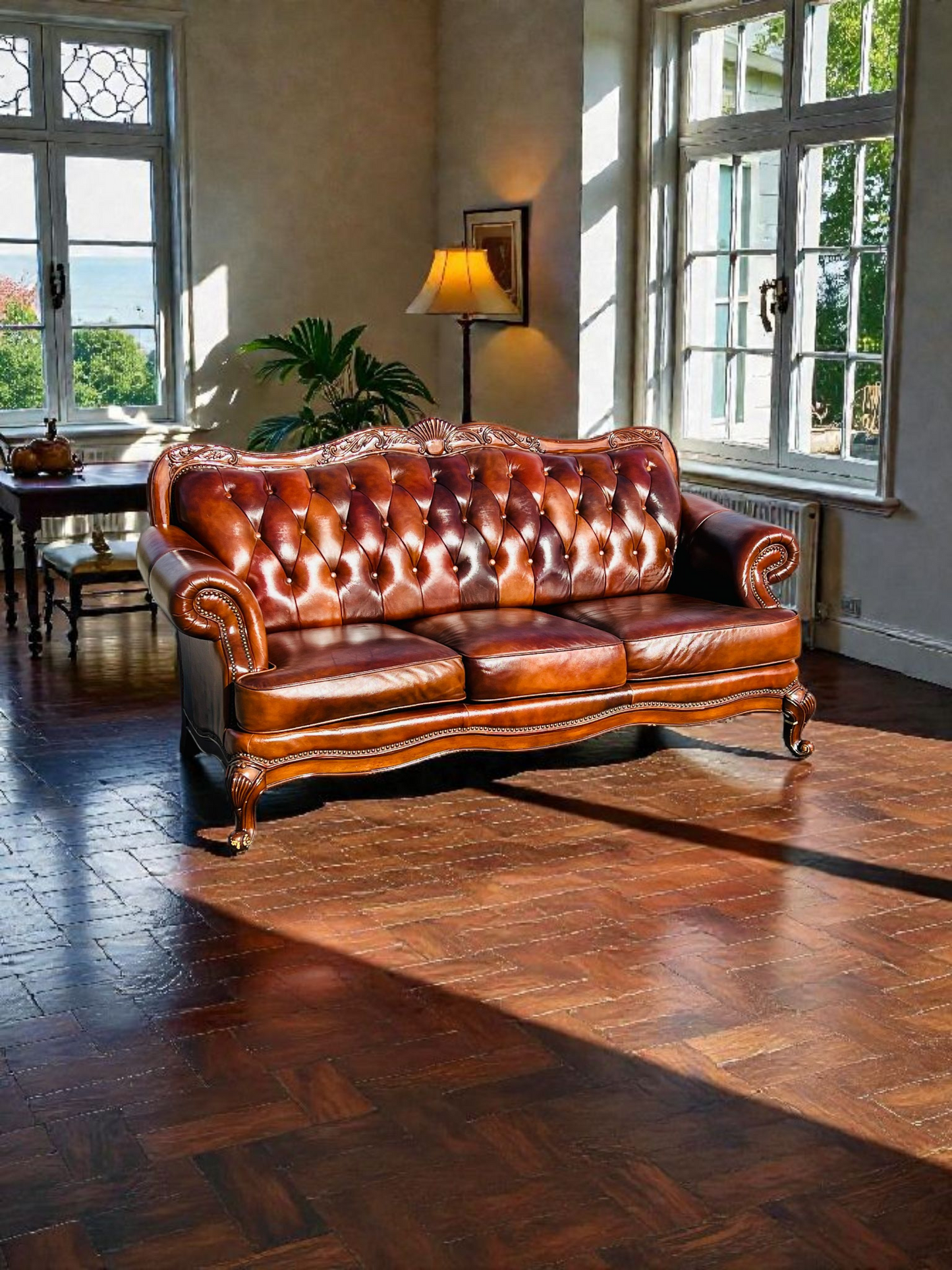 🛋️ Juego de Sala Clasico — Cuero Marron con Tallado Ornamental (2 piezas)